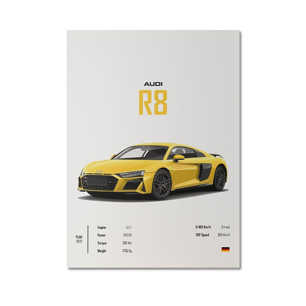 Faszinierendes Audi R8 Poster von justgoodmood - das perfekte Highlight für jedes Wohnzimmer oder Büro. Ein tolles Geschenk für Autofans!