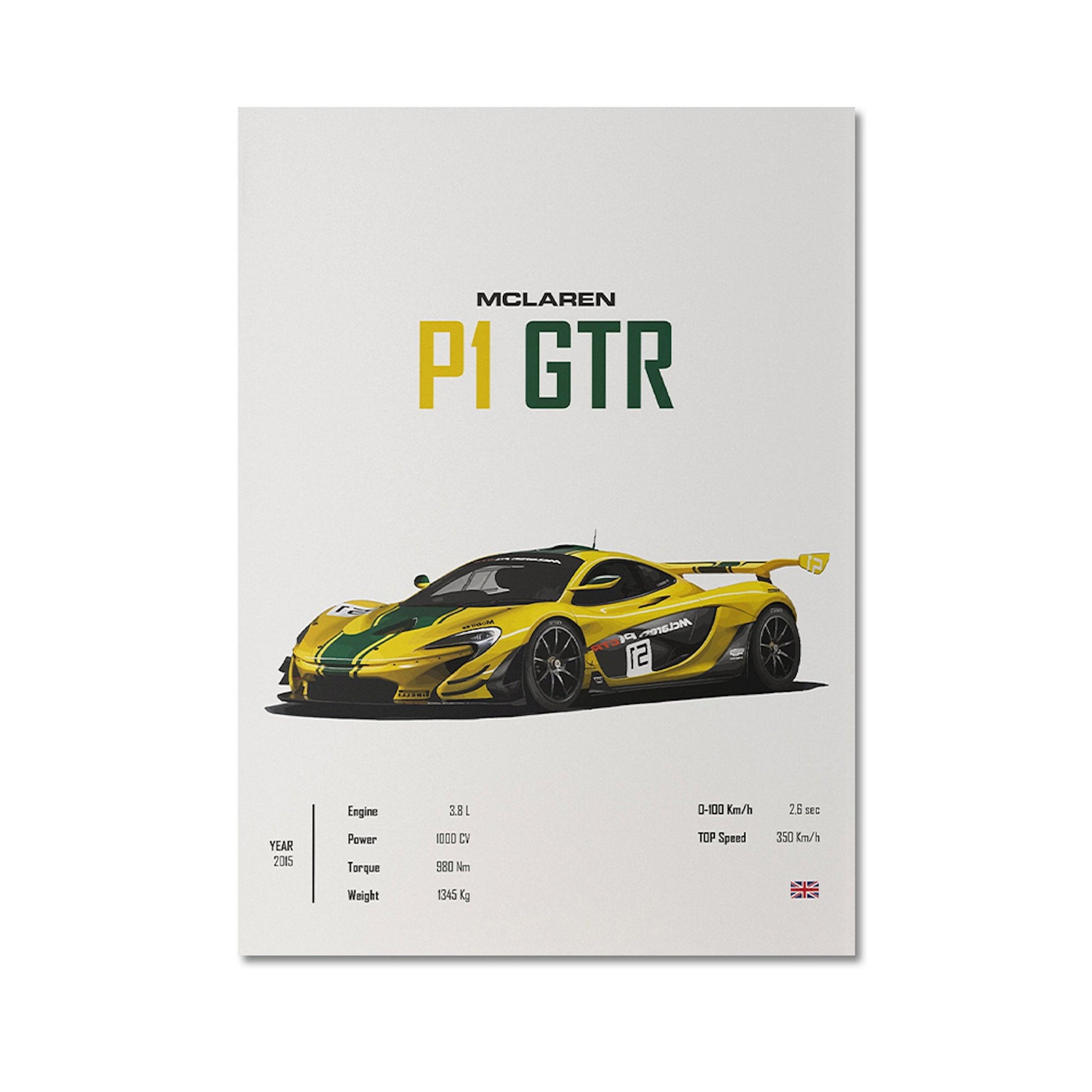 Beeindruckendes Poster des McLaren P1 GTR von justgoodmood, ideal für Auto-Enthusiasten. Perfekte Wanddeko für Wohnzimmer oder Büro mit Spezifikationen und lebhaften Farben.