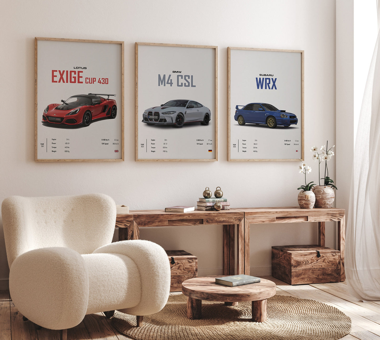 Ein gemütlicher Raum mit dem Poster Sportwagen BMW LOTUS SUBARU Klassiker Legenden von justgoodmood, das stilvoll zwischen Holzregalen präsentiert wird. Ideal für Männer und als Geschenk.