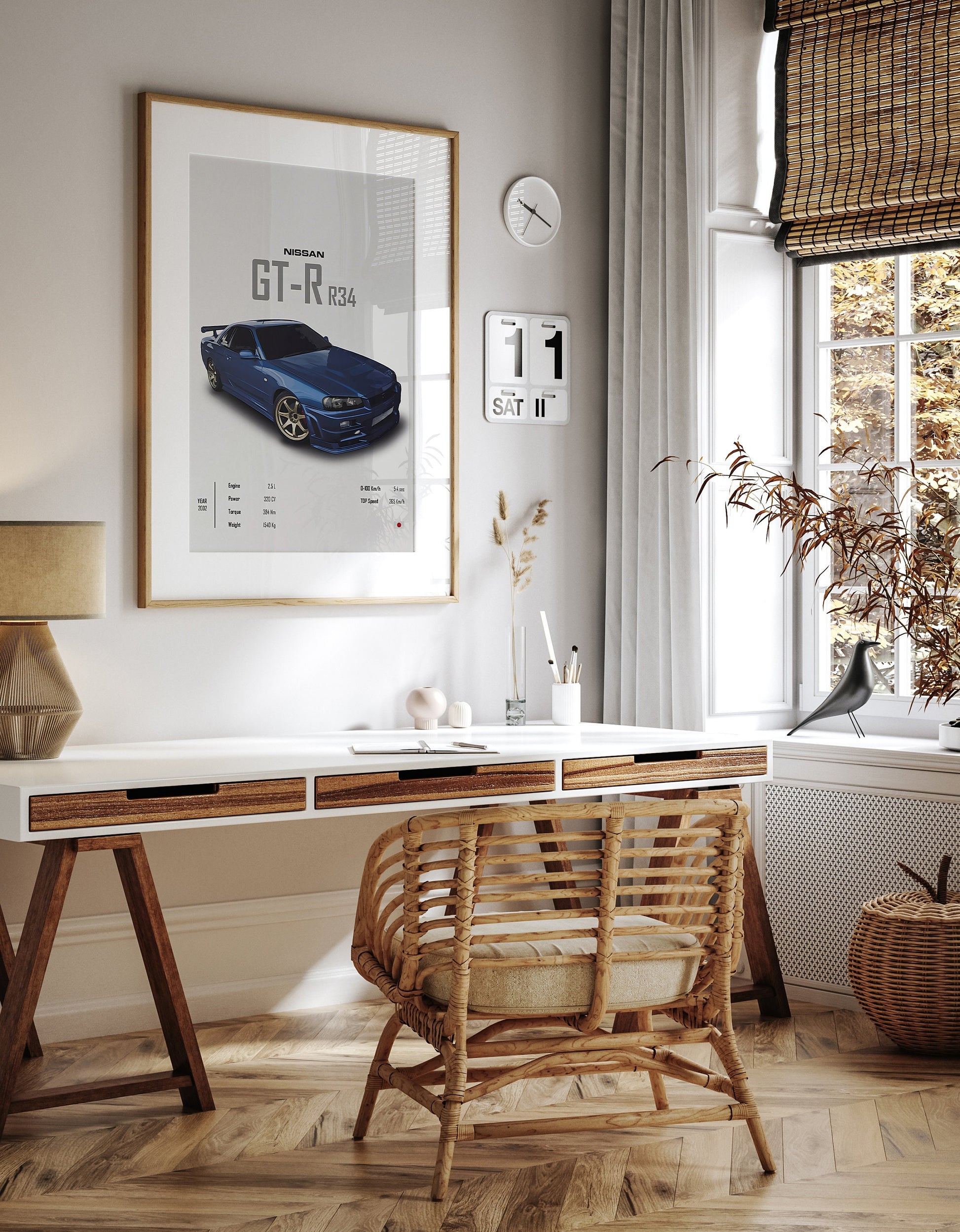 Modernes Büro mit NISSAN GT-R R34 Poster von justgoodmood. Ideal als Geschenk für Männer und Liebhaber von Sportwagen!