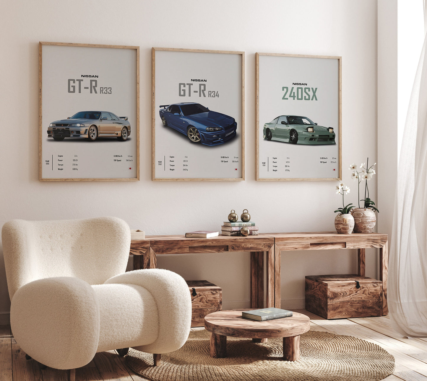 Gemütliche Ecke mit drei NISSAN Postern, darunter GT-R R33, R34 und 240SX. Schöne Wandgestaltung für jeden Auto-Fan. Poster Sportwagen NISSAN GT-R SX Klassiker Legenden I Geschenk für ihn I Wohnzimmmer & Büro I Wand Deko I Print ohne Rahmen von justgoodmood.