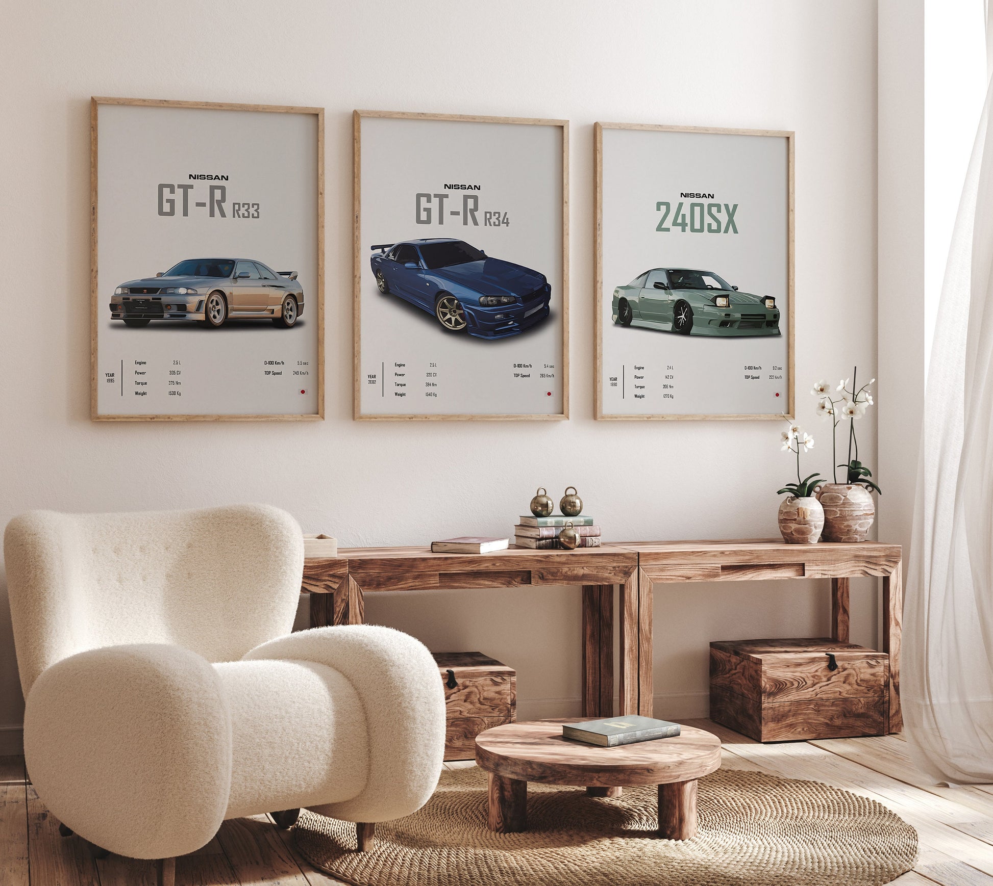 Gemütliche Ecke mit drei NISSAN Postern, darunter GT-R R33, R34 und 240SX. Schöne Wandgestaltung für jeden Auto-Fan. Poster Sportwagen NISSAN GT-R SX Klassiker Legenden I Geschenk für ihn I Wohnzimmmer & Büro I Wand Deko I Print ohne Rahmen von justgoodmood.