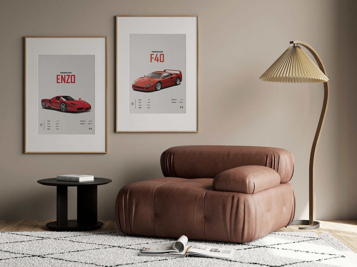 FERRARI ENZO und F40 Poster in zeitgemäßer Einrichtung, dekorativ über einem gemütlichen Sessel von justgoodmood. Verleihen Sie Ihrem Raum Stil!