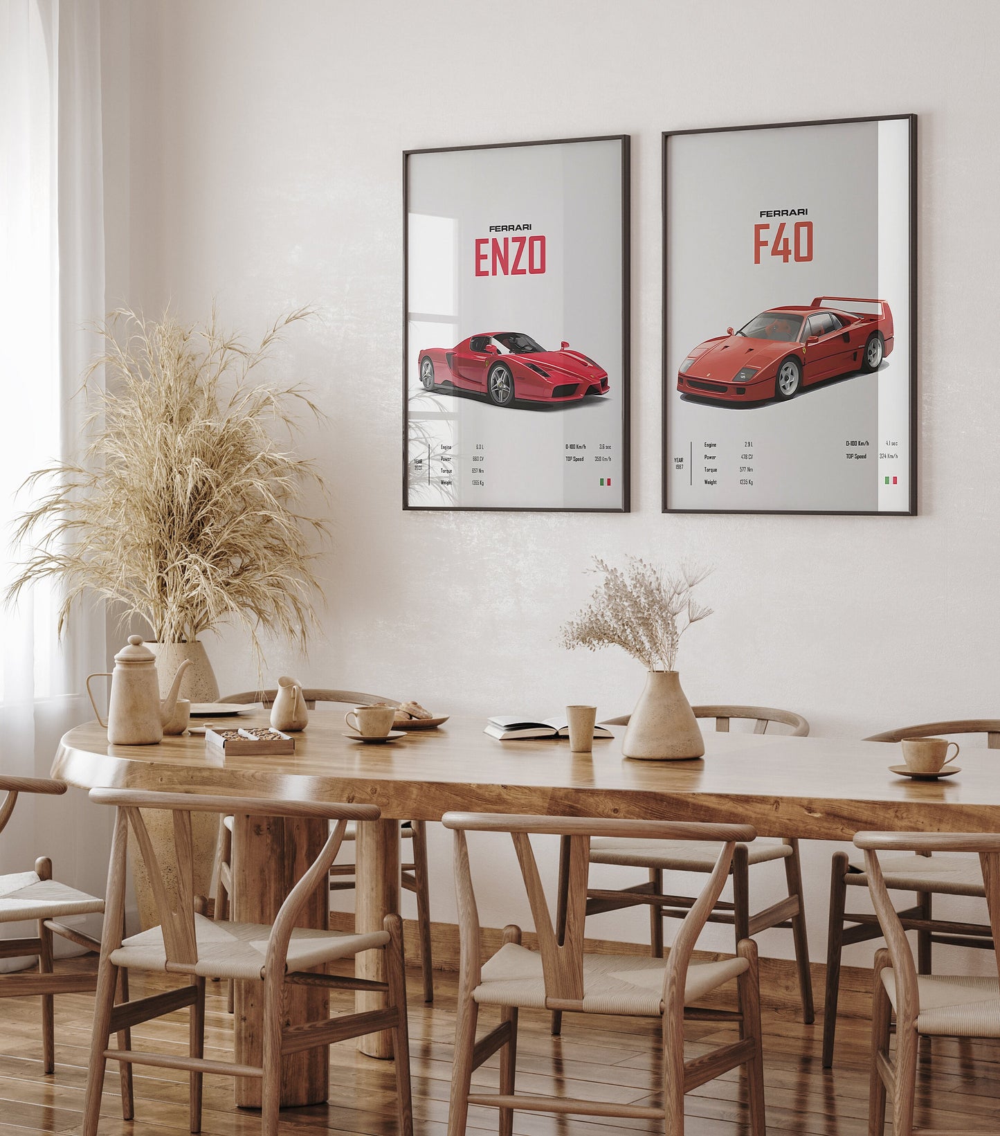 FERRARI ENZO und F40 Poster im modernen Wohnzimmer von justgoodmood. Hochwertige Wanddekoration für Autoliebhaber.