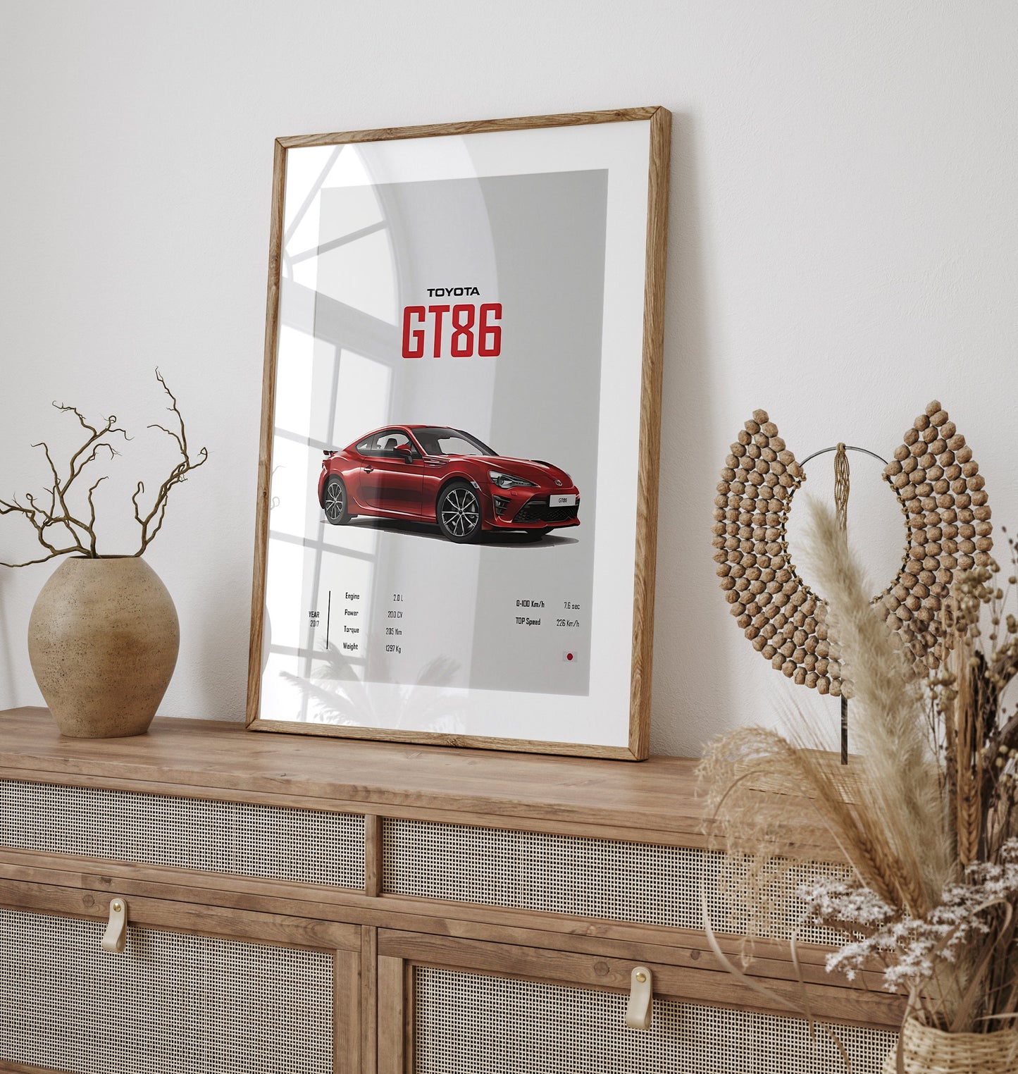 Toyota GT86 Poster stilvoll präsentiert in modernem Innendesign. Perfekte Wanddekoration für automotive Fans. Geschenk von justgoodmood.