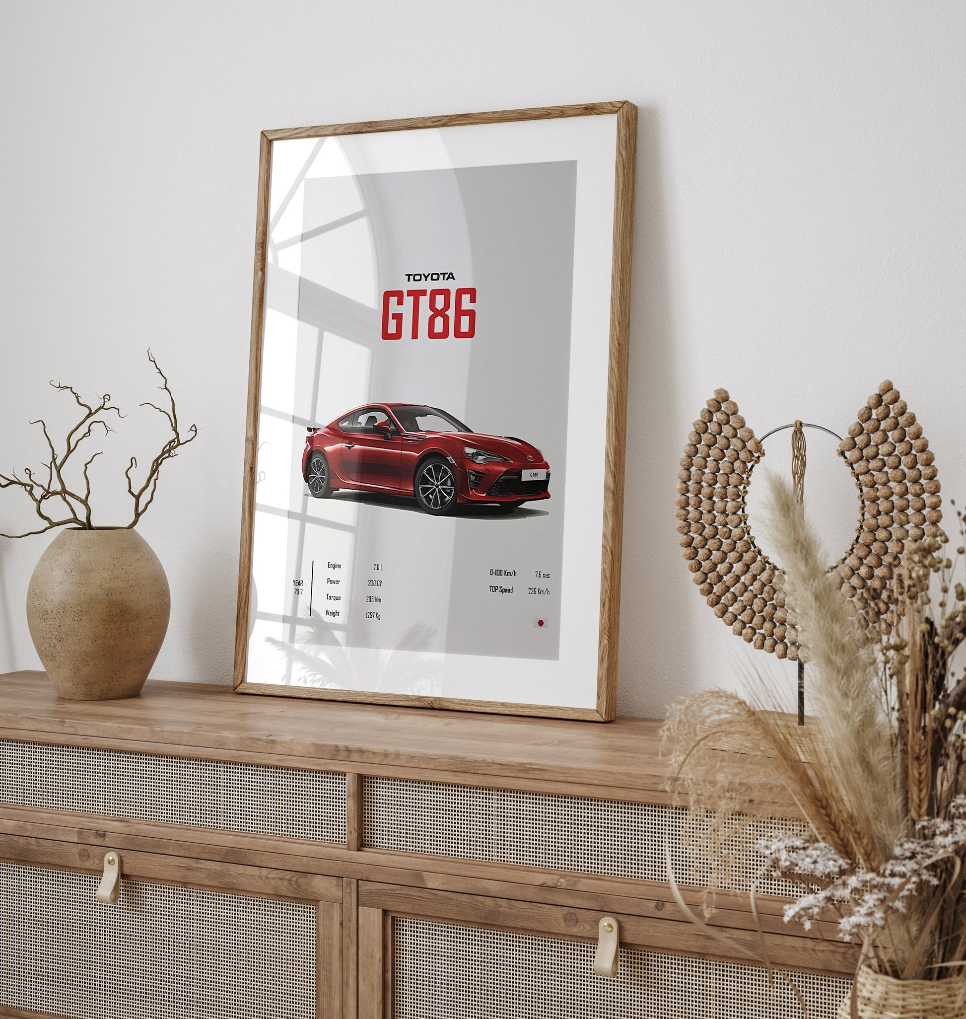 Toyota GT86 Poster stilvoll präsentiert in modernem Innendesign. Perfekte Wanddekoration für automotive Fans. Geschenk von justgoodmood.