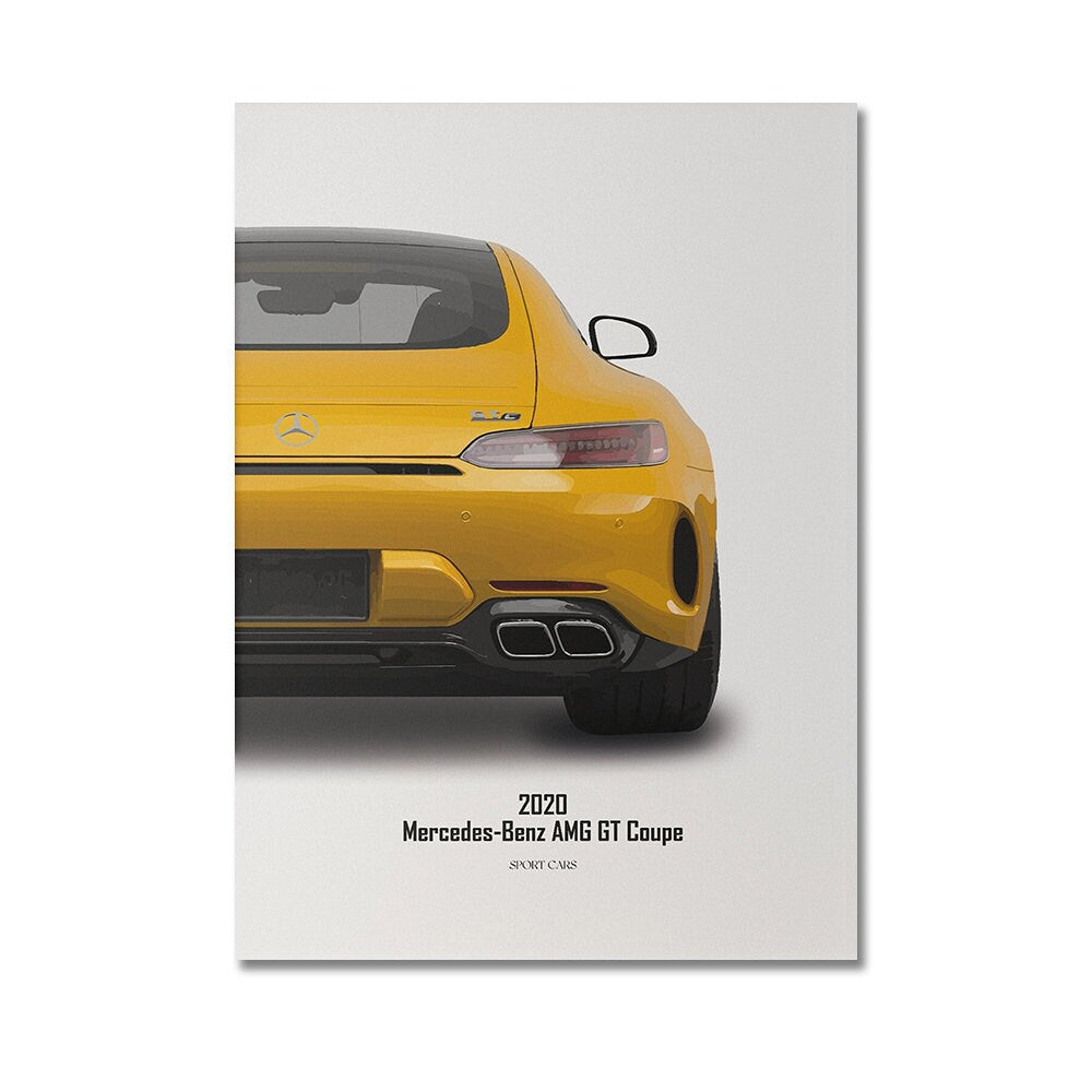 Poster des 2020 Mercedes-Benz AMG GT Coupe, das die kraftvolle Eleganz des Autos einfängt. Ideal zum Verschönern Ihres Heims oder Büros, als Geschenk von justgoodmood.