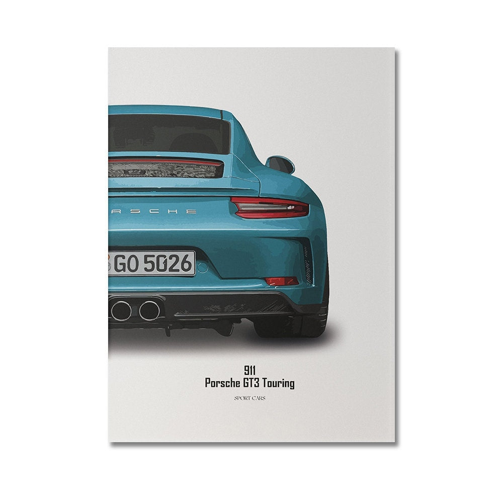 Poster des Porsche 911 GT3 Touring, das den sportlichen Charme und die Details des Fahrzeugs zeigt. Ein perfektes Deko-Element für Enthusiasten und ein tolles Geschenk von justgoodmood.