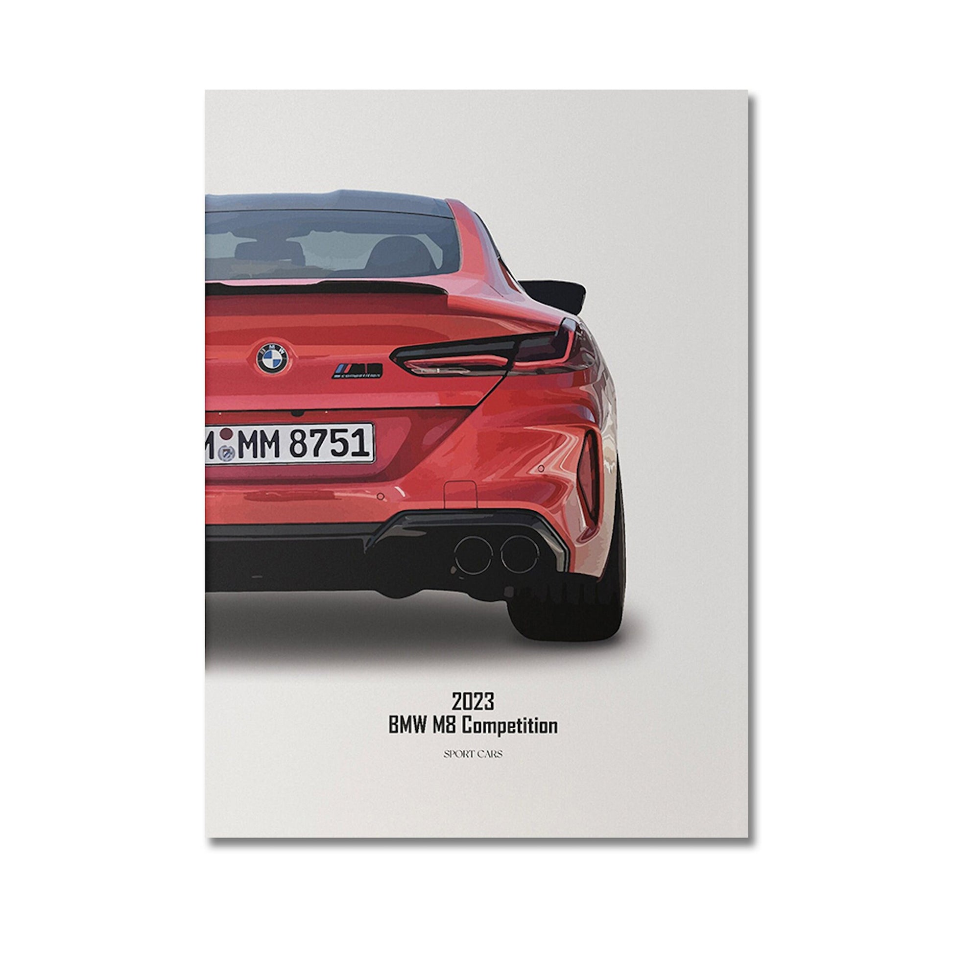 Poster des 2023 BMW M8 Competition, das beeindruckende Designs und Details dieses Sportwagens zeigt. Perfekt für jeden Autoenthusiasten und als Geschenk von justgoodmood.