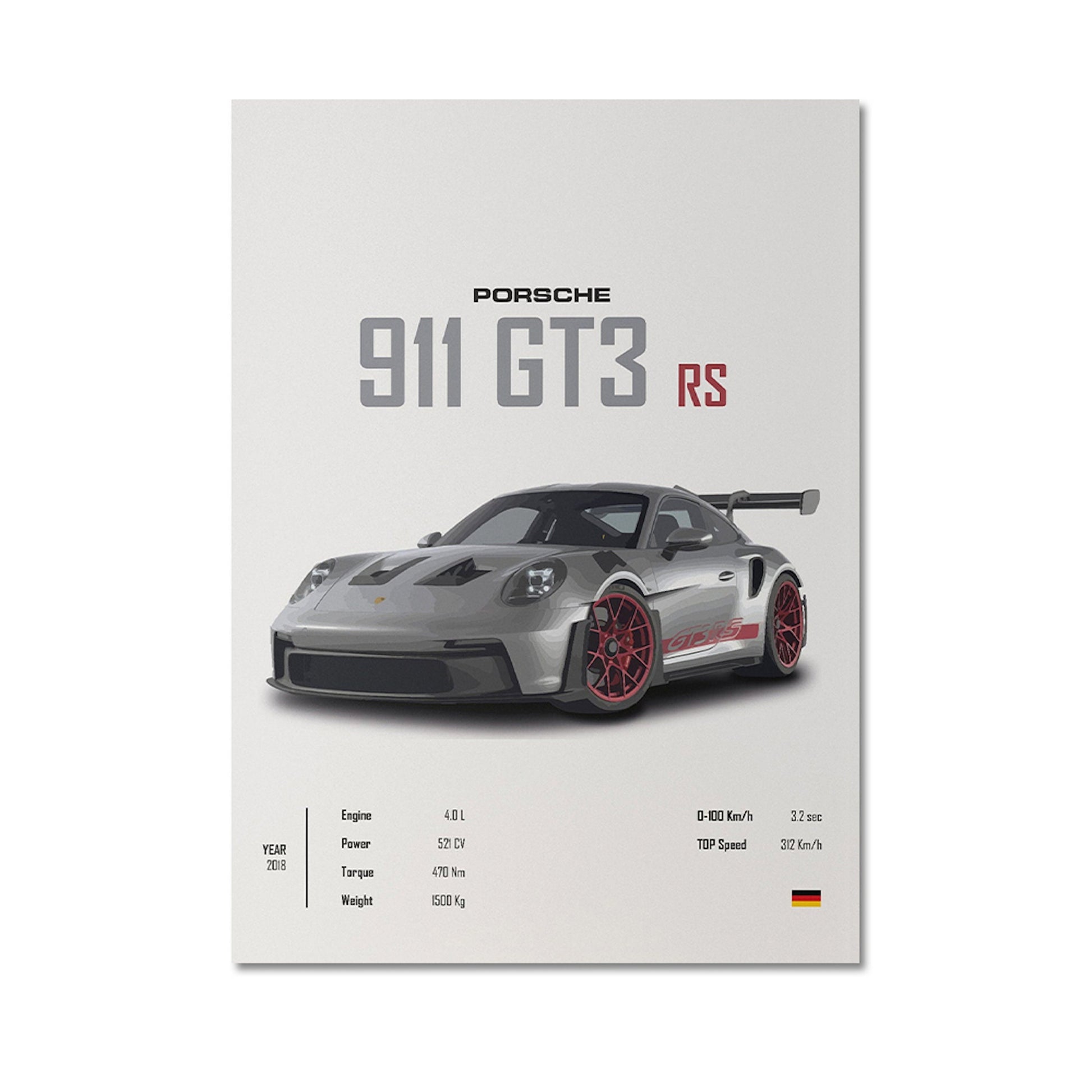 Sportwagen Poster von justgoodmood, zeigt den Porsche 911 GT3 RS mit leistungsstarken Spezifikationen und ansprechendem Design – perfektes Geschenk für Auto-Enthusiasten!