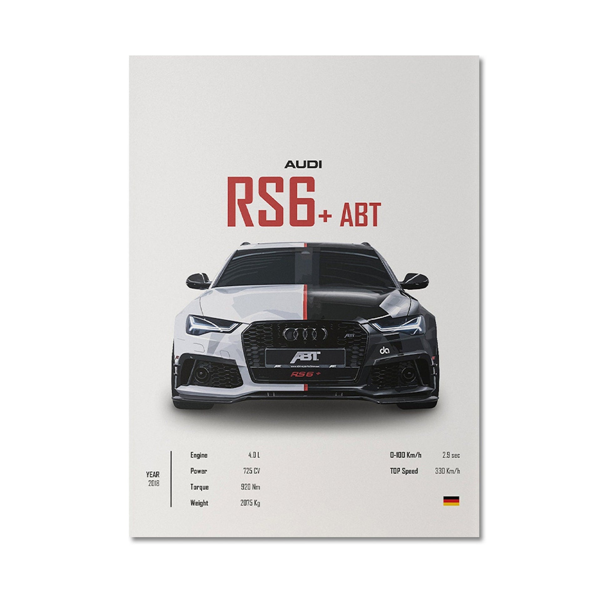 Beeindruckendes Audi RS6+ ABT Poster von justgoodmood, zeigt das elegante Design und die beeindruckenden Leistungsdaten – eine großartige Wanddekoration für Autofans!
