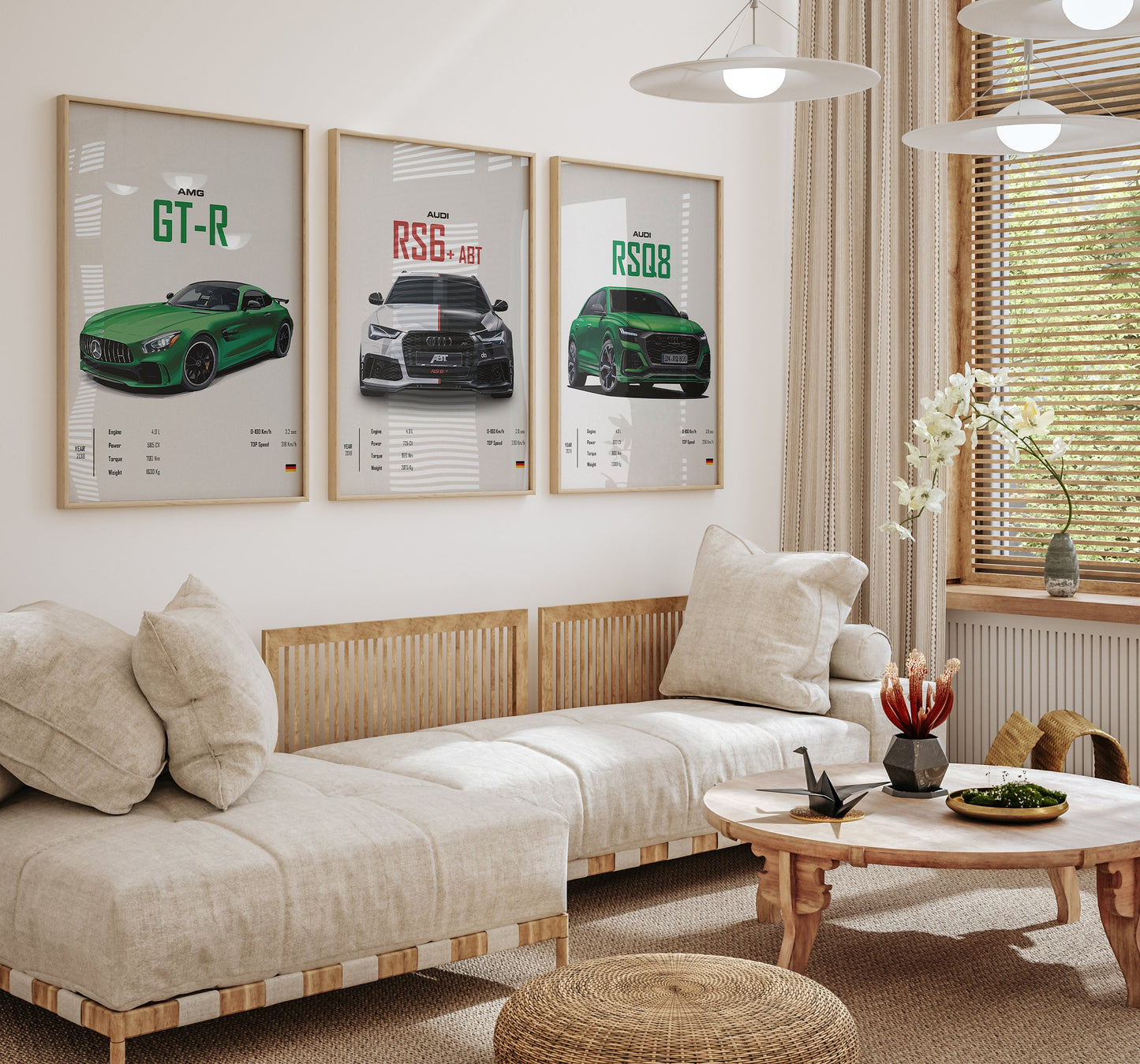 Gemütliches Wohnzimmer mit dekorativen Sportwagen-Postern: AMG GT-R, RS6 ABT und RSQ8 von justgoodmood. Ein toller Akzent für jede Wohnung.