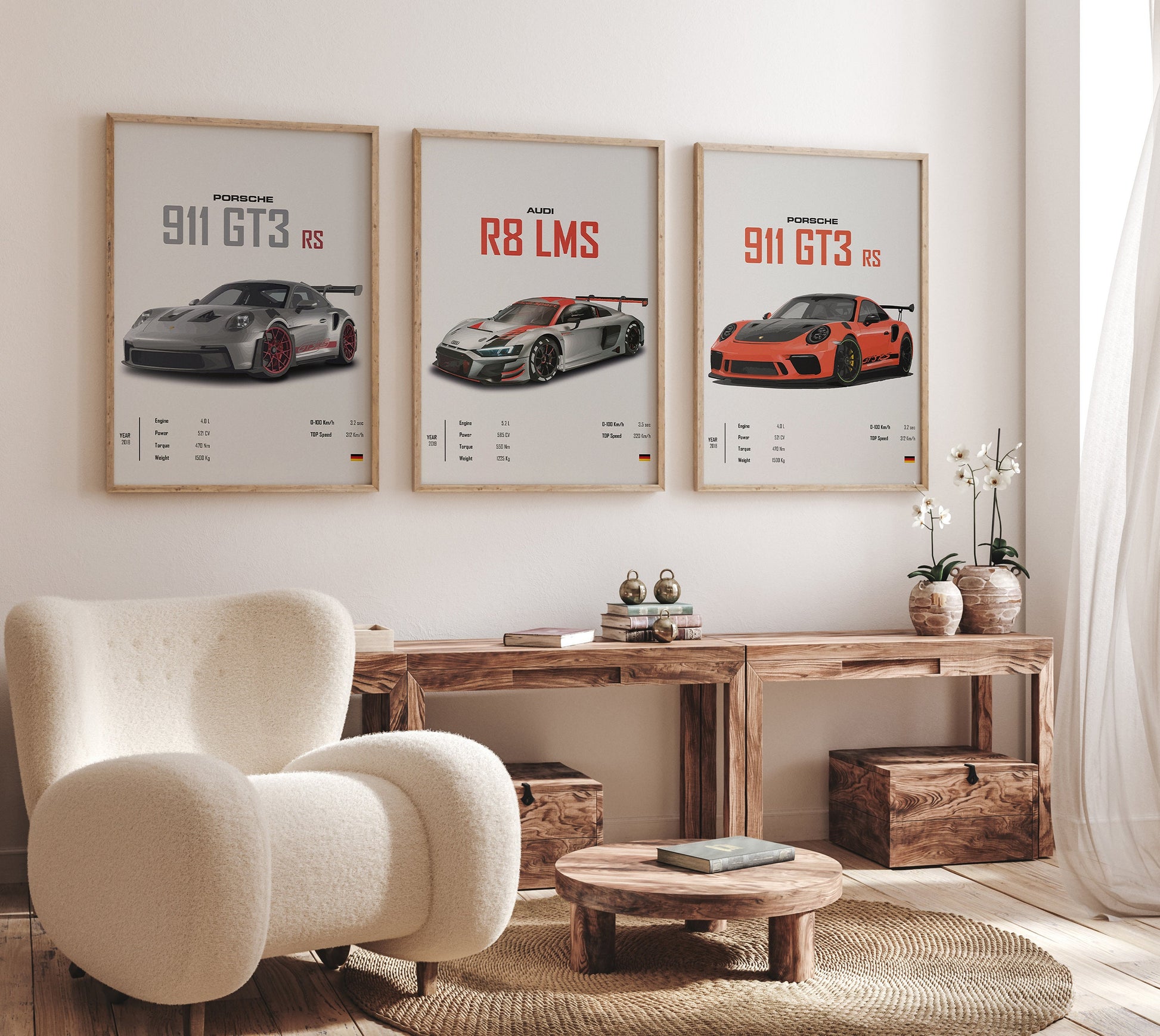 Ästhetisch eingerichteter Raum mit Porsche 911 GT3 RS und Audi R8 LMS Postern von justgoodmood. Perfekt zur Verschönerung Ihres Wohnzimmers!