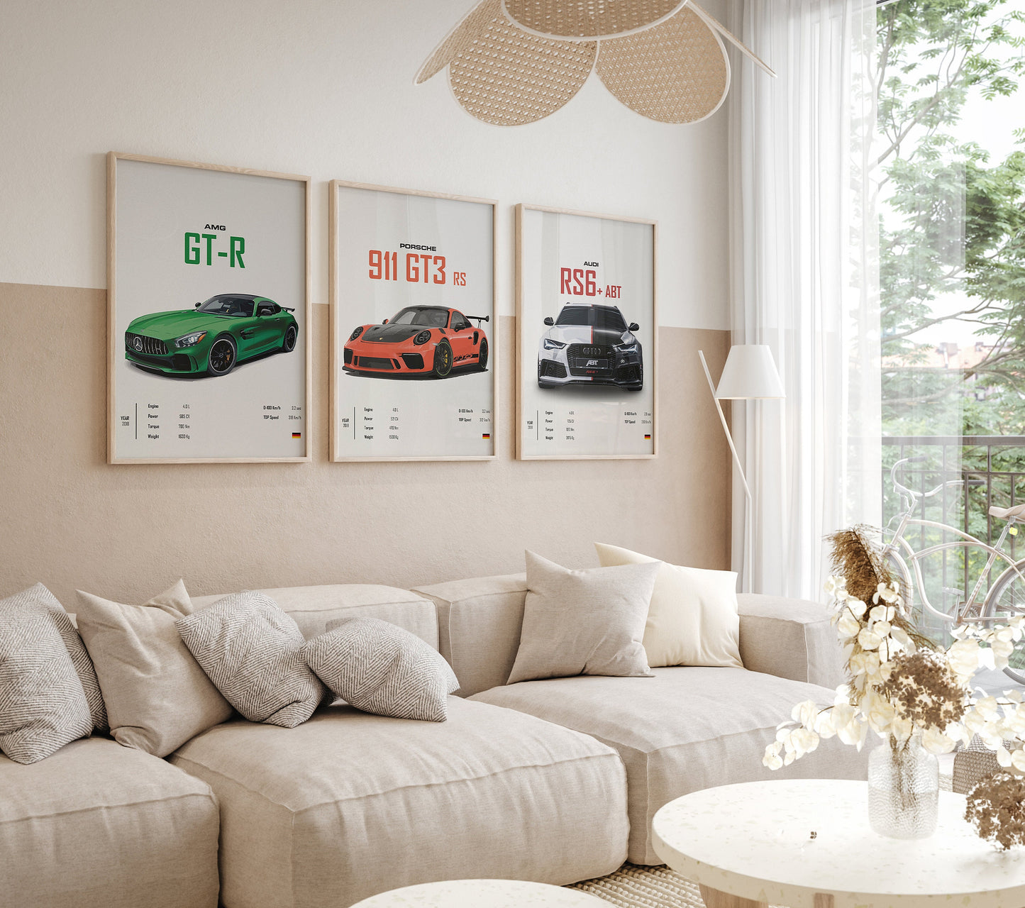 Stylische Wohnecke mit Sportwagen-Plakaten: AMG GT-R, Porsche 911 GT3 RS und Audi RS6 ABT von justgoodmood. Ideal als Geschenk für Autofans.