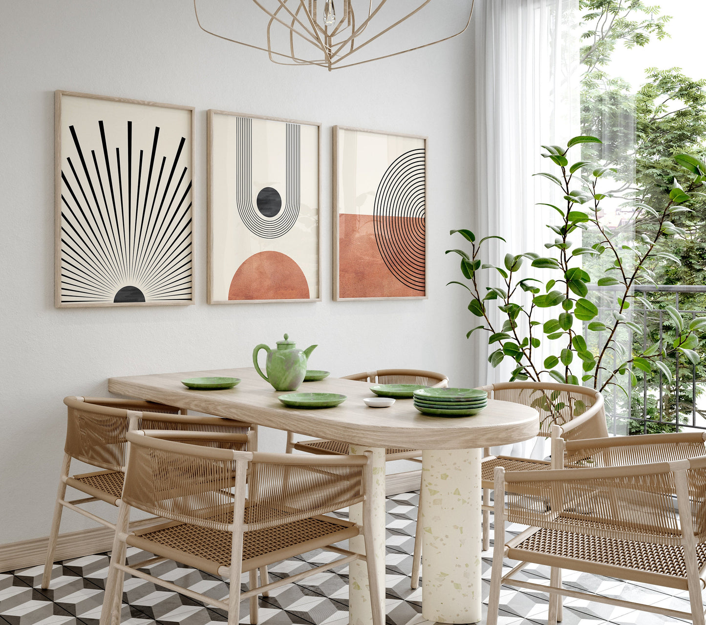 Esszimmer mit Mid Century Moderne Wandkunst im Boho Stil von justgoodmood. Drei stilvolle Kunstdrucke auf hochwertiger Leinwand, die eine einladende und kreative Umgebung schaffen.