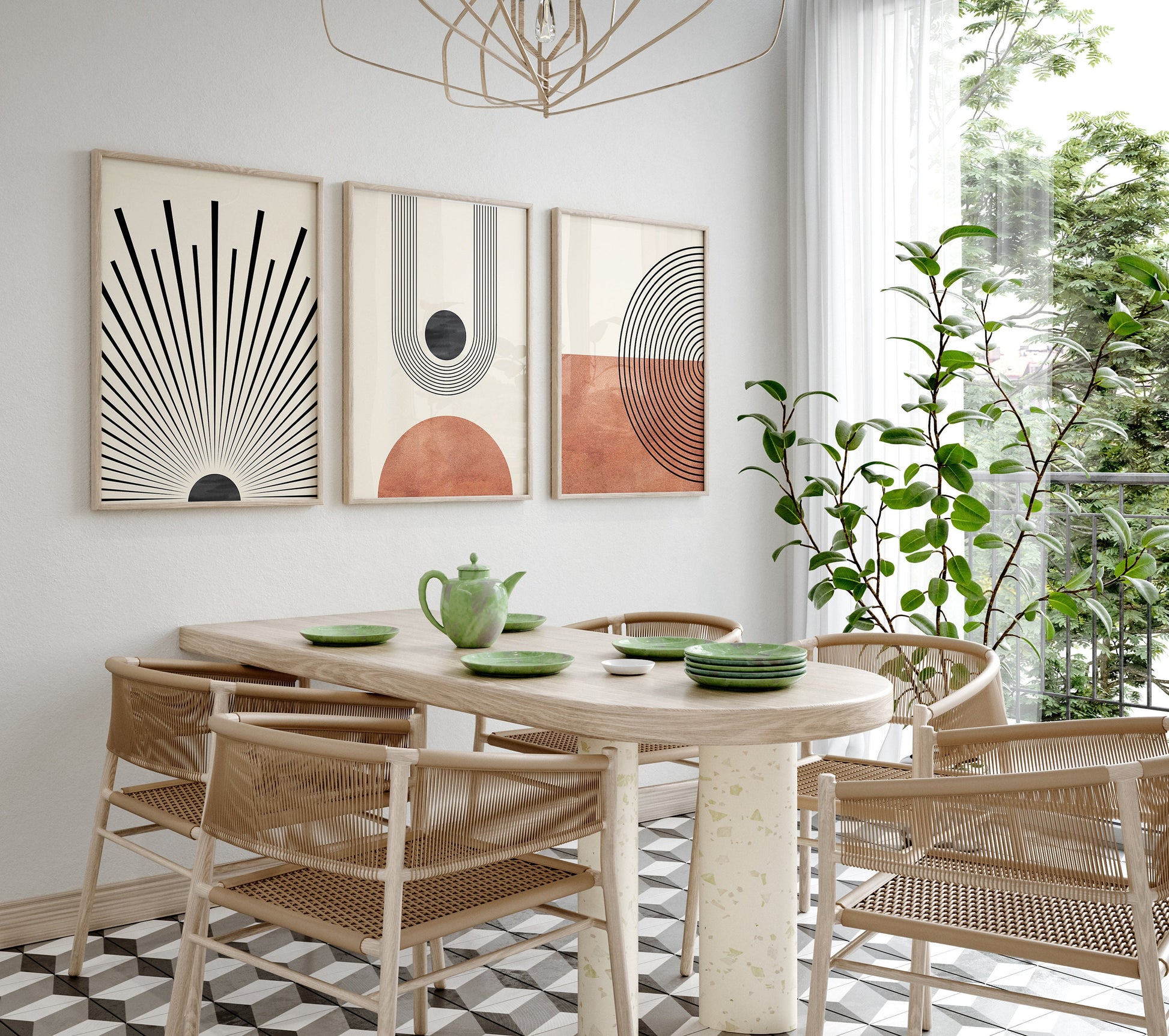 Esszimmer mit Mid Century Moderne Wandkunst im Boho Stil von justgoodmood. Drei stilvolle Kunstdrucke auf hochwertiger Leinwand, die eine einladende und kreative Umgebung schaffen.