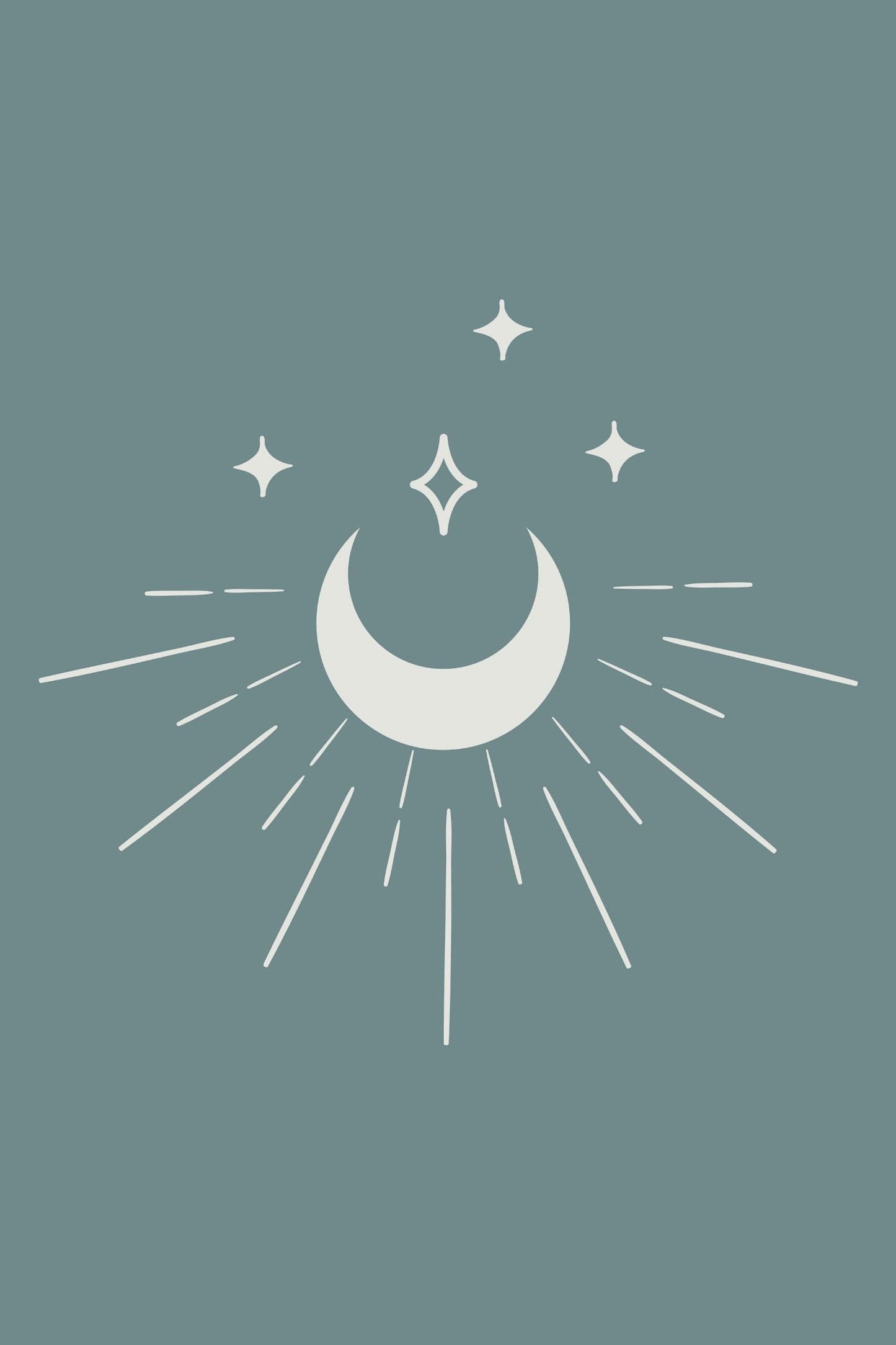 Minimalistisches Boho Design von justgoodmood mit einem Mond und funkelnden Sternen auf einem beruhigenden Hintergrund.