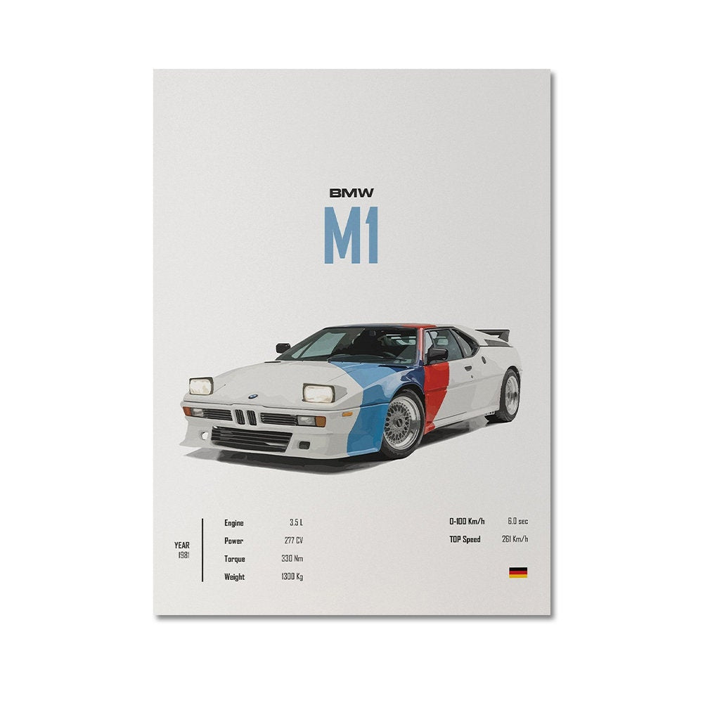 Poster des legendären BMW M1 mit technischen Daten und einem farbenfrohen Design, ideal für Autoliebhaber. Perfekte Wanddeko von justgoodmood für Wohnzimmer und Büro! Sportwagen AUDI BMW PORSCHE McLaren Klassiker Legenden.