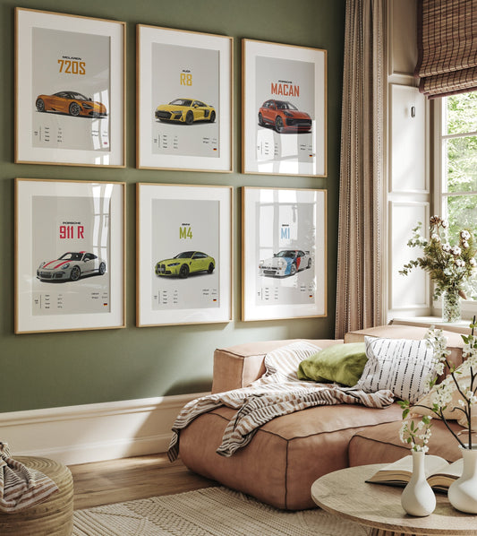 Stylische Wanddekoration mit Poster von McLaren, Audi, Porsche und BMW in modernem Wohnzimmer, Geschenkidee für Autoliebhaber, von justgoodmood.