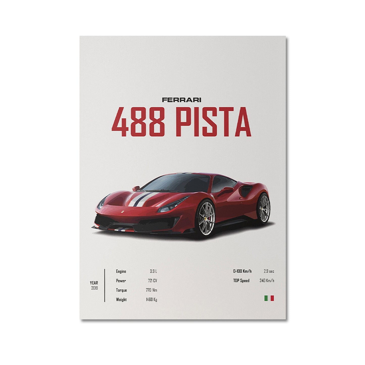 Detailansicht eines Ferrari 488 Pista Posters. Stilvolle Wandkunst von justgoodmood, eine hervorragende Geschenkidee. Poster Sportwagen FERRARI LAMBORGHINI MCLAREN Klassiker Legenden.