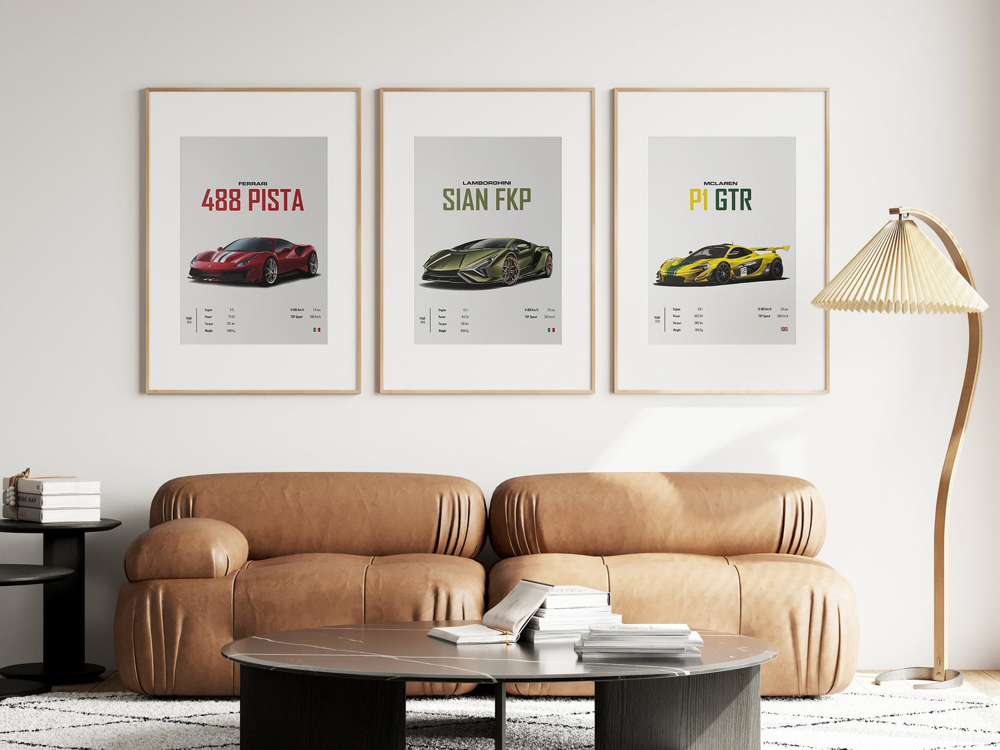 Elegantes Sofa mit beeindruckenden Postern von FERRARI 488 PISTA, LAMBORGHINI SIAN FKP und MCLAREN P1 GTR. Ideale Wanddekoration für jedes Zuhause von justgoodmood.