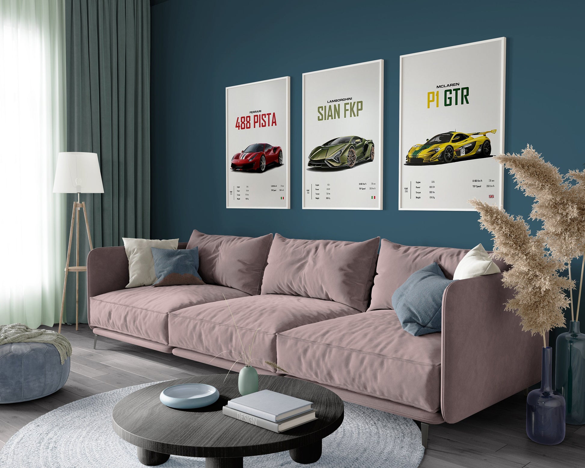 Stylisches Wohnzimmer mit Poster von Sportwagen, darunter FERRARI 488 PISTA, LAMBORGHINI SIAN FKP und MCLAREN P1 GTR. Perfekte Wanddekoration für Autoliebhaber von justgoodmood.