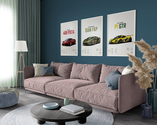 Stylisches Wohnzimmer mit Poster von Sportwagen, darunter FERRARI 488 PISTA, LAMBORGHINI SIAN FKP und MCLAREN P1 GTR. Perfekte Wanddekoration für Autoliebhaber von justgoodmood.