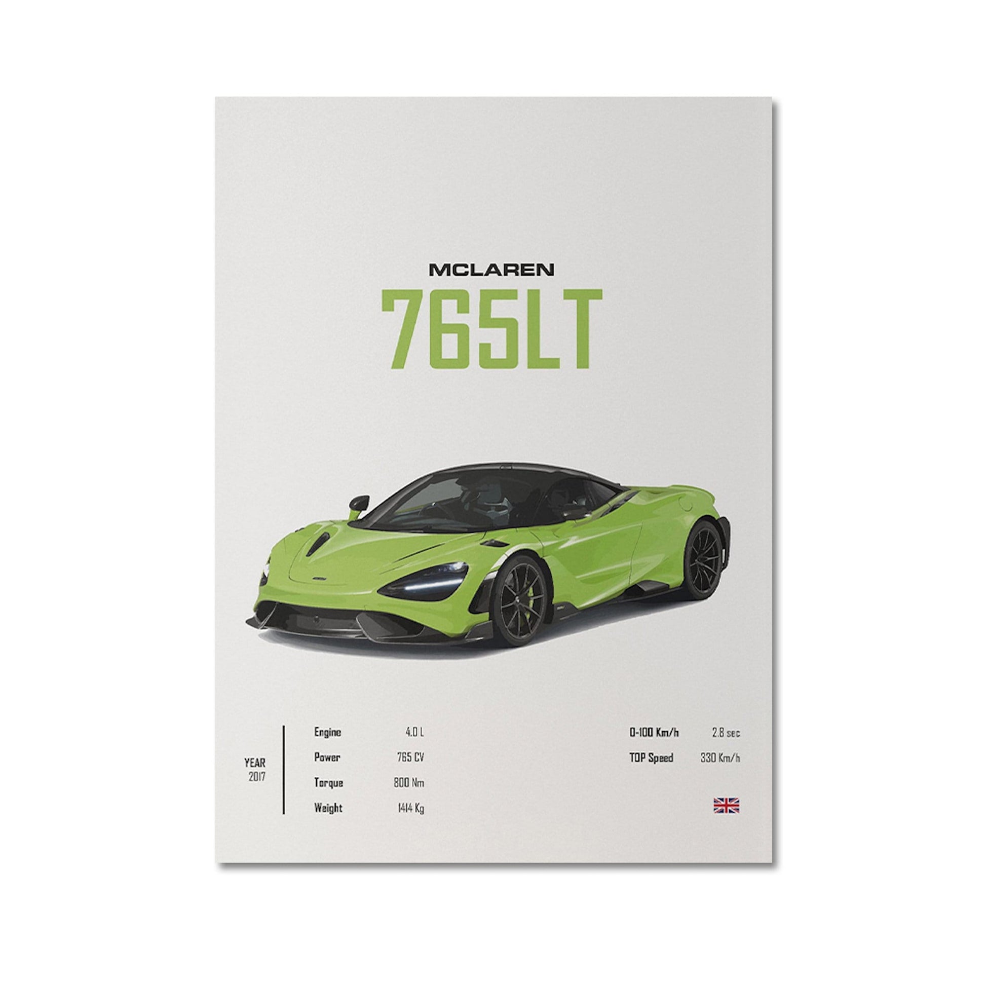 Stylisches Poster des McLaren 765LT, erhältlich bei justgoodmood. Perfekt als Wandkunst für die individuell gestaltete Wohnumgebung.