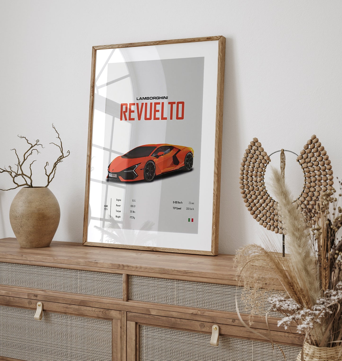 Wunderschönes Poster des Lamborghini Revuelto, erhältlich bei justgoodmood. Ein perfektes Geschenk für jedes Autofans und eine stilvolle Wandgestaltung.