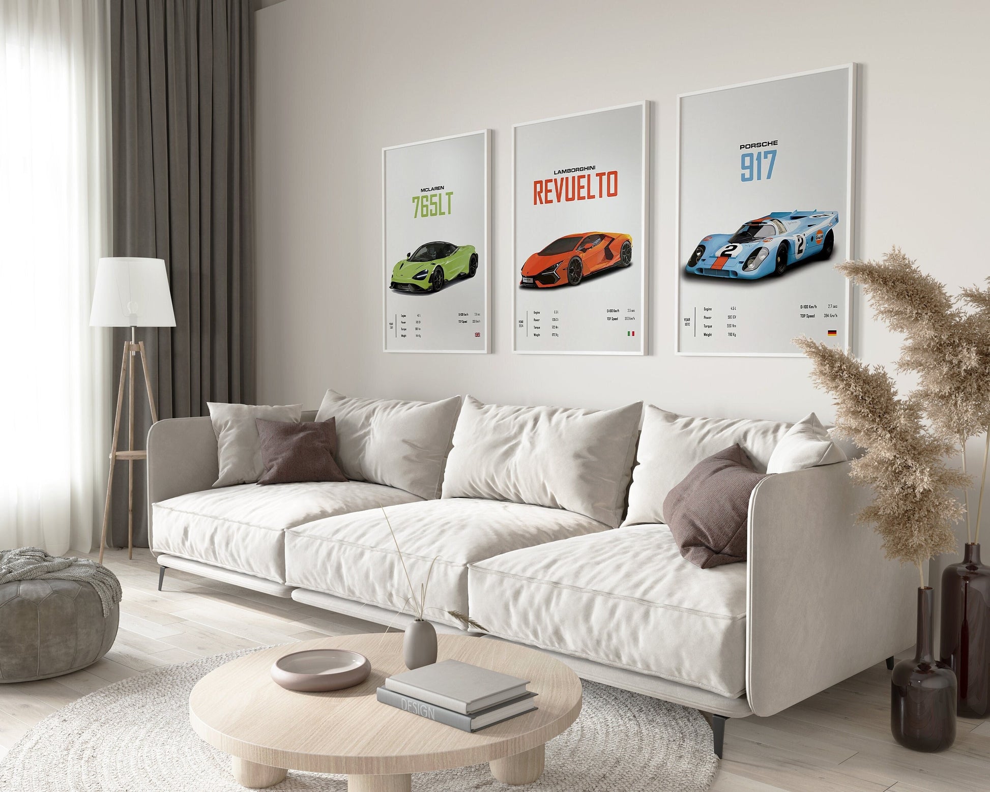 Stylisches Poster von Sportwagen: McLaren 765LT, Lamborghini Revuelto und Porsche 917, präsentiert im modernen Wohnzimmer. Perfekte Wanddekoration von justgoodmood.