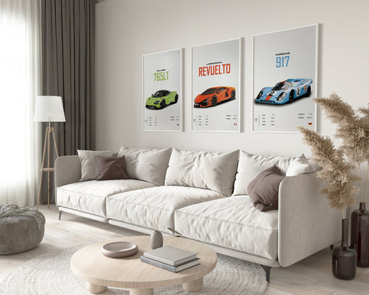 Stylisches Poster von Sportwagen: McLaren 765LT, Lamborghini Revuelto und Porsche 917, präsentiert im modernen Wohnzimmer. Perfekte Wanddekoration von justgoodmood.