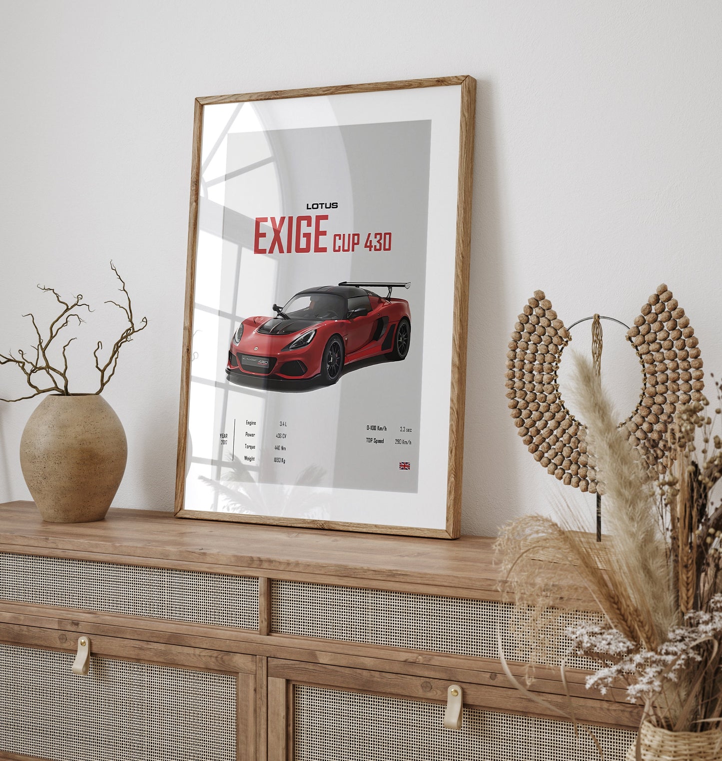 Stylisches Poster des Lotus Exige Cup 430 von justgoodmood. Ideal für Autofans als Wanddeko für Wohnzimmer oder Büro. Geschenk für Männer.