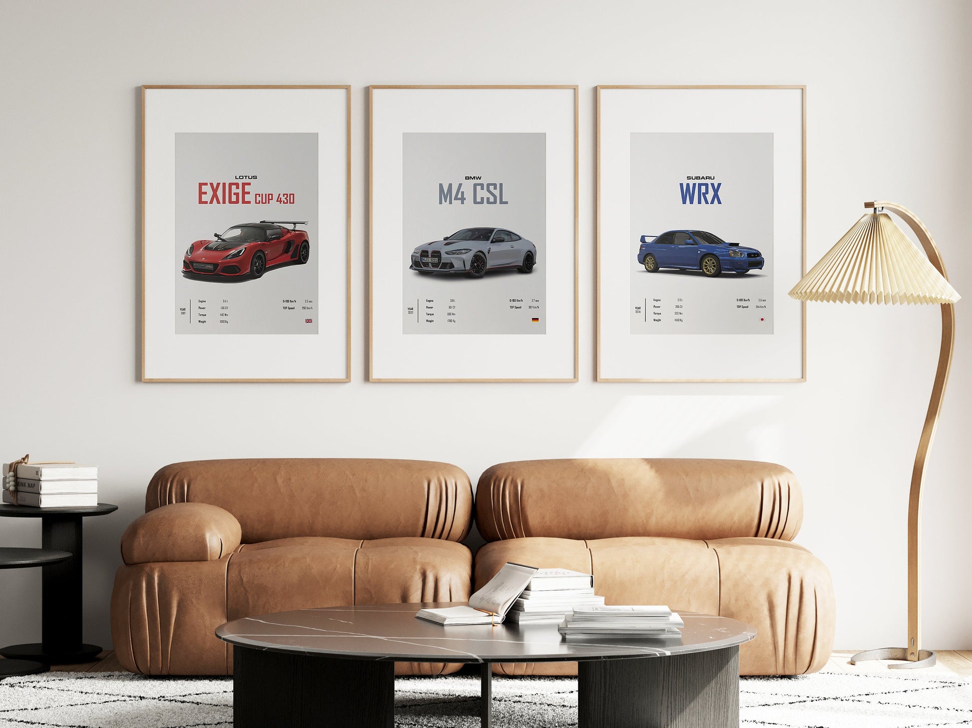 Gemütliche Sofaecke mit dem Poster 'Poster Sportwagen BMW LOTUS SUBARU Klassiker Legenden' von justgoodmood, das die Schönheit klassischer Sportwagen hervorhebt und jede Wand aufpeppt.