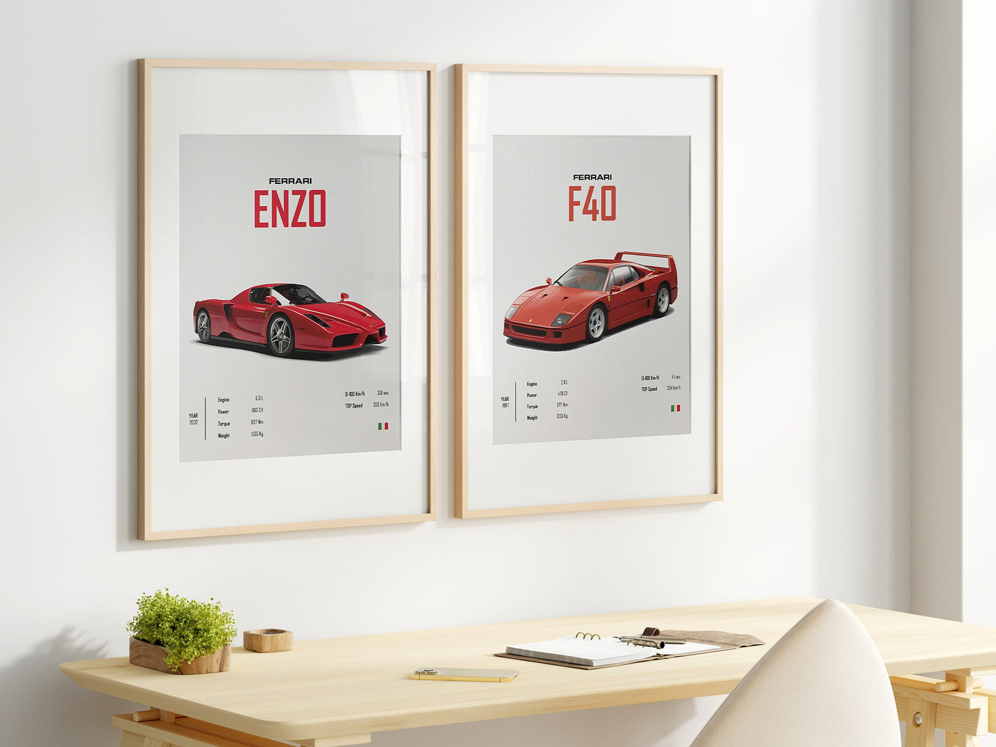 Zwei FERRARI Poster, ENZO und F40, an einer modernen Wand präsentiert von justgoodmood. Ideale Deko für jeden Raum.