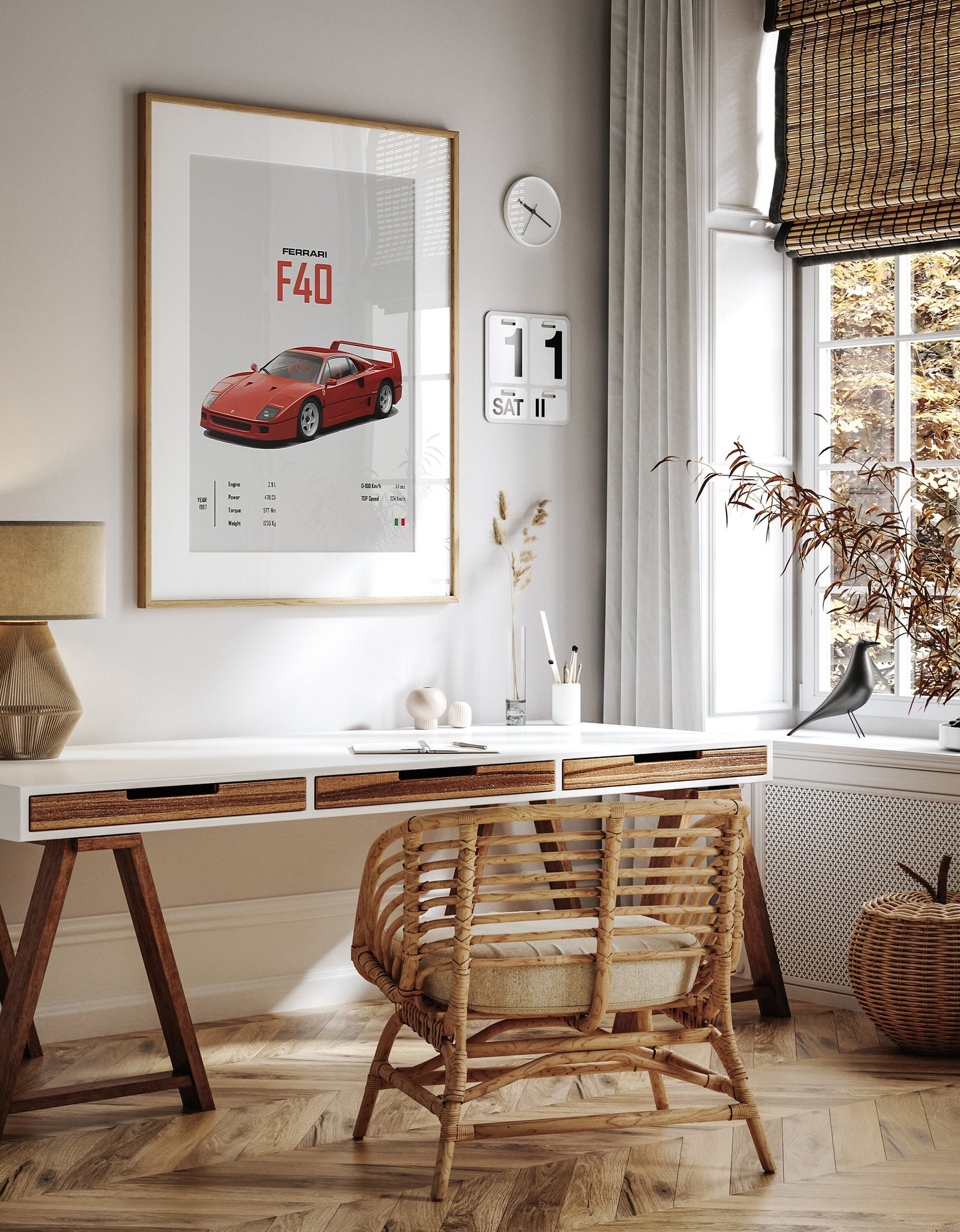 Stylisches Poster FERRARI F40 in einem hellen Arbeitsbereich, kreative Wandgestaltung von justgoodmood.