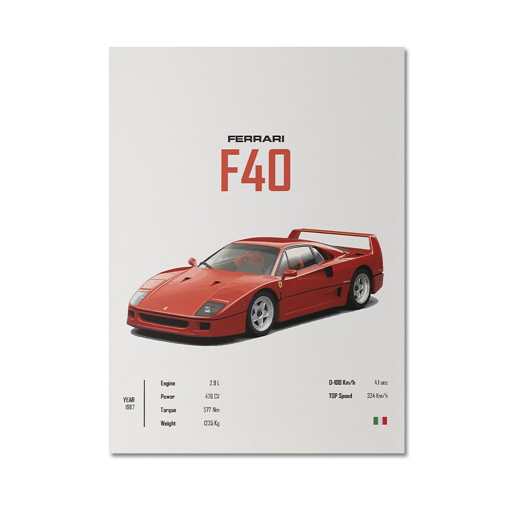 Buntes Poster des ikonischen Sportwagens FERRARI F40, gedruckt von justgoodmood. Ideal für Auto-Enthusiasten und als Geschenk, perfekt für Wohnzimmer und Büros.