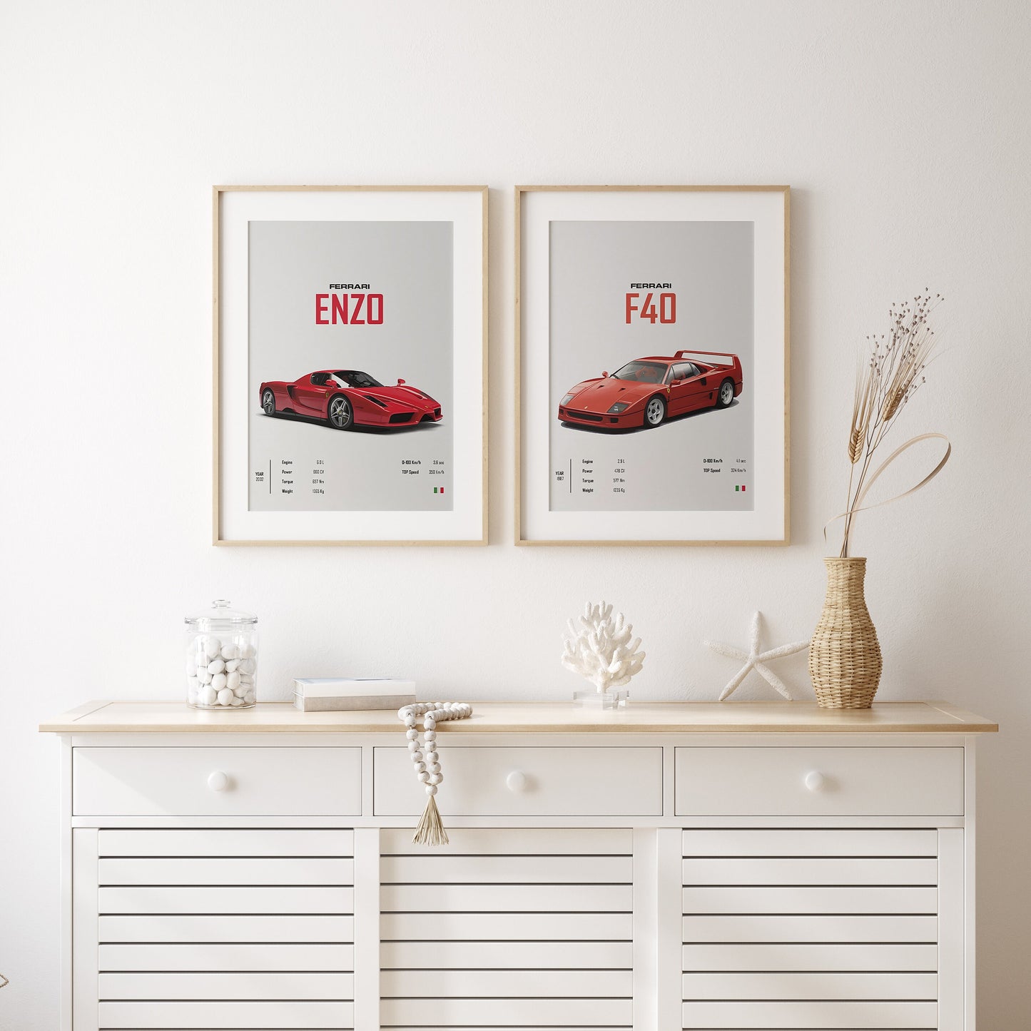 Farbenfrohes Poster FERRARI ENZO F40, drapiert in modernem Raum, ideal als Wanddeko von justgoodmood.