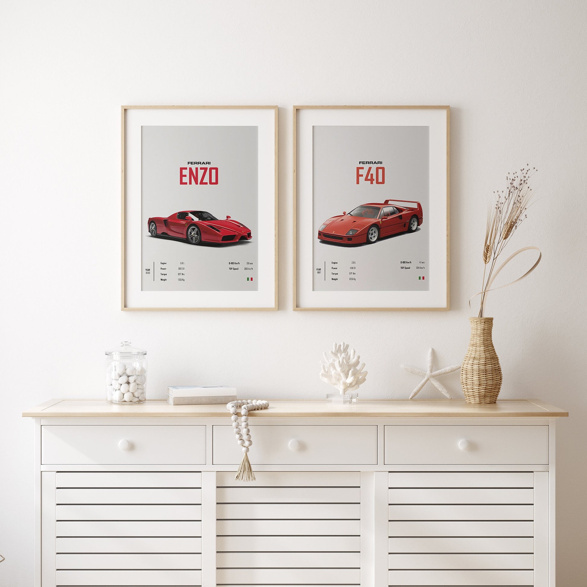 Farbenfrohes Poster FERRARI ENZO F40, drapiert in modernem Raum, ideal als Wanddeko von justgoodmood.