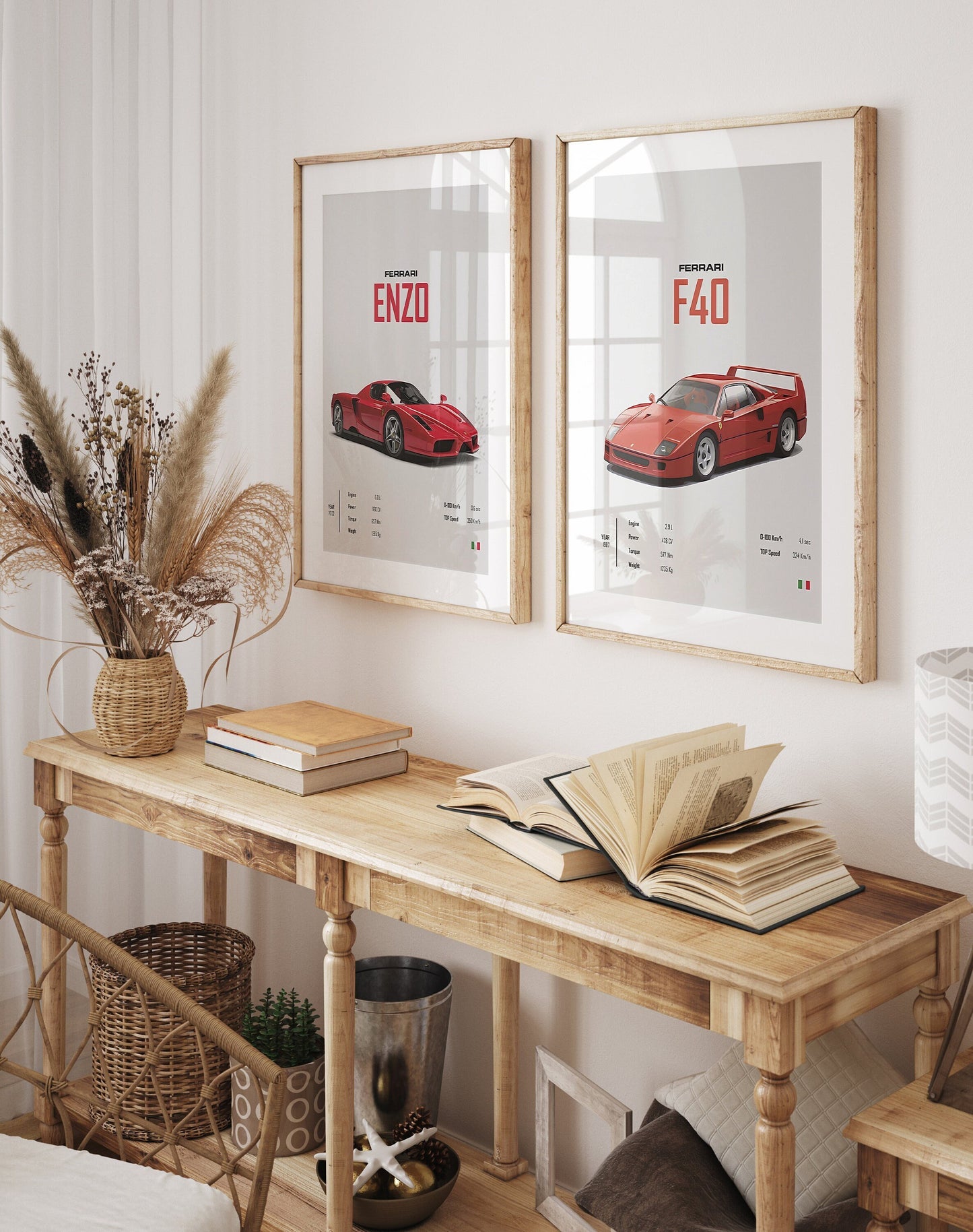 Poster FERRARI ENZO und F40 in stilvollem Raum, perfekt für Wohnzimmer oder Büro - Geschenkidee von justgoodmood.