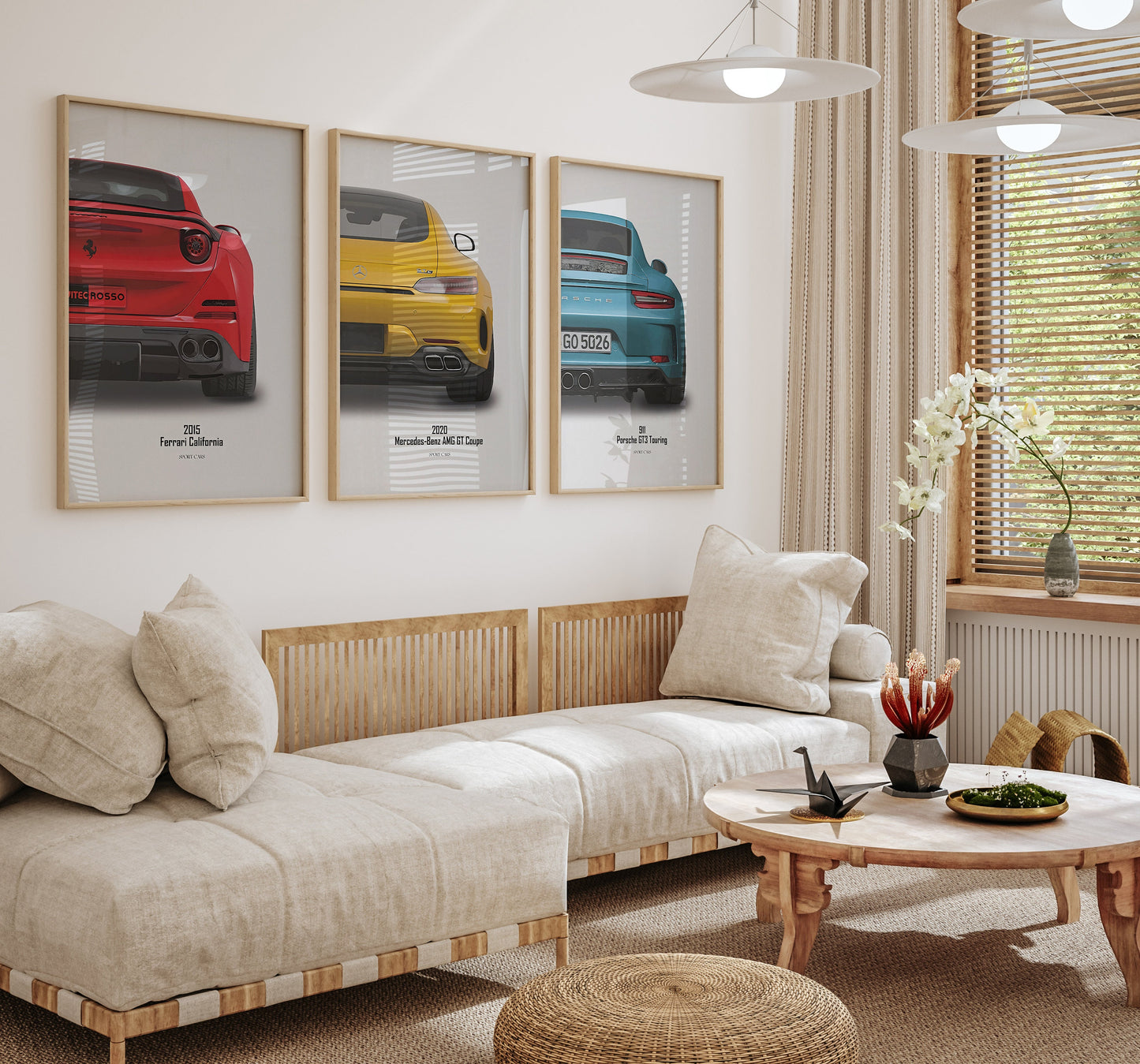 Elegante Wohnlandschaft mit Ferrari California, Mercedes-Benz AMG GT Coupe und Porsche 911 Postern von justgoodmood - Ideal für kreativen Raum, Poster Sportwagen FERRARI MERCEDES PORSCHE Klassiker Legenden.
