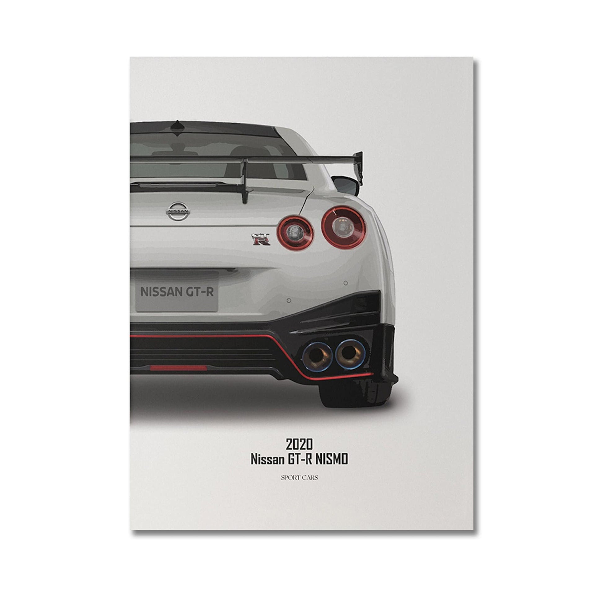 Poster des 2020 Nissan GT-R Nismo mit elegantem Design, perfekt für Autofans und als Deko für Wohnzimmer oder Büro. Geschenkidee von justgoodmood.