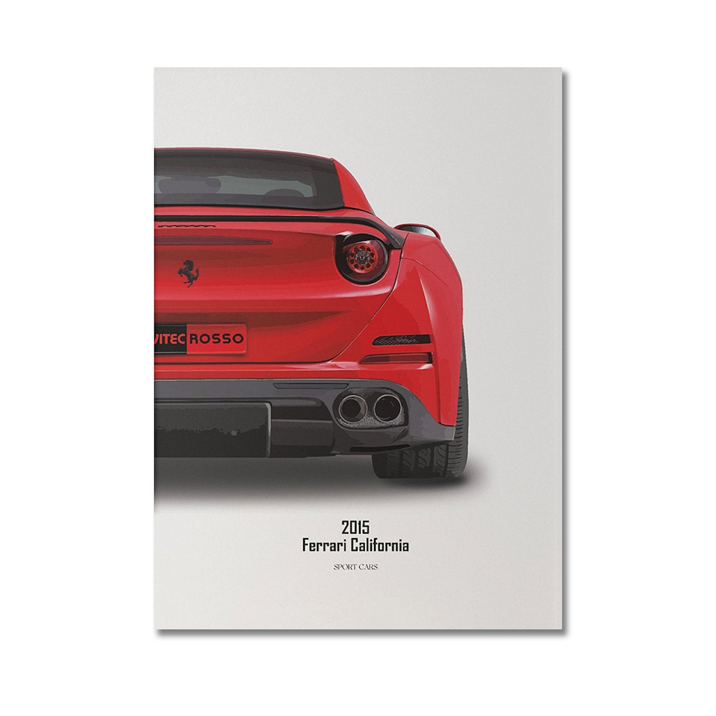 Poster des 2015 Ferrari California, das die Schönheit des Supersportwagens elegant präsentiert. Ideal für Autoliebhaber und als Geschenk um Wohnräume zu verschönern. Von justgoodmood.