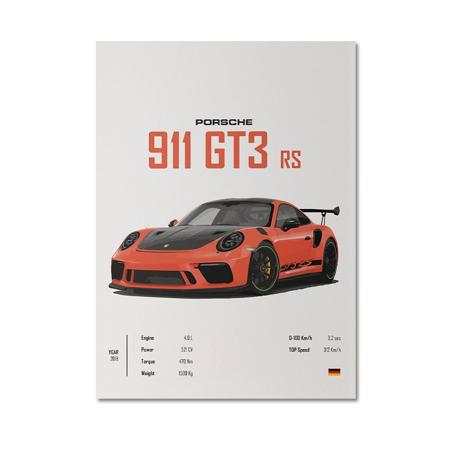 Fantasievolles Sportwagen Poster von justgoodmood, präsentiert den Porsche 911 GT3 RS in auffälliger Orange-Farbgebung – ideal für die Wanddekoration in jedem Wohnzimmer!