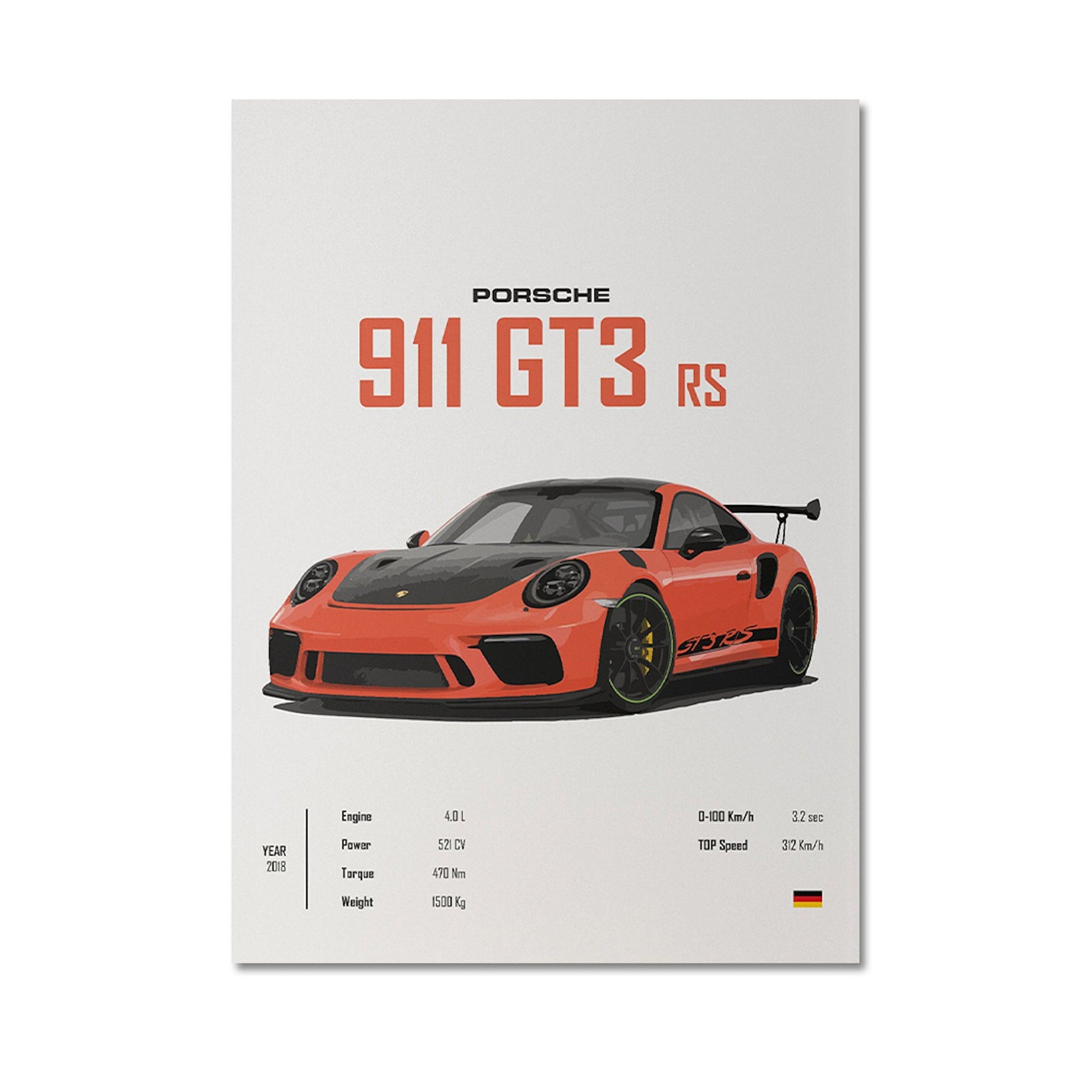 Fantasievolles Sportwagen Poster von justgoodmood, präsentiert den Porsche 911 GT3 RS in auffälliger Orange-Farbgebung – ideal für die Wanddekoration in jedem Wohnzimmer!