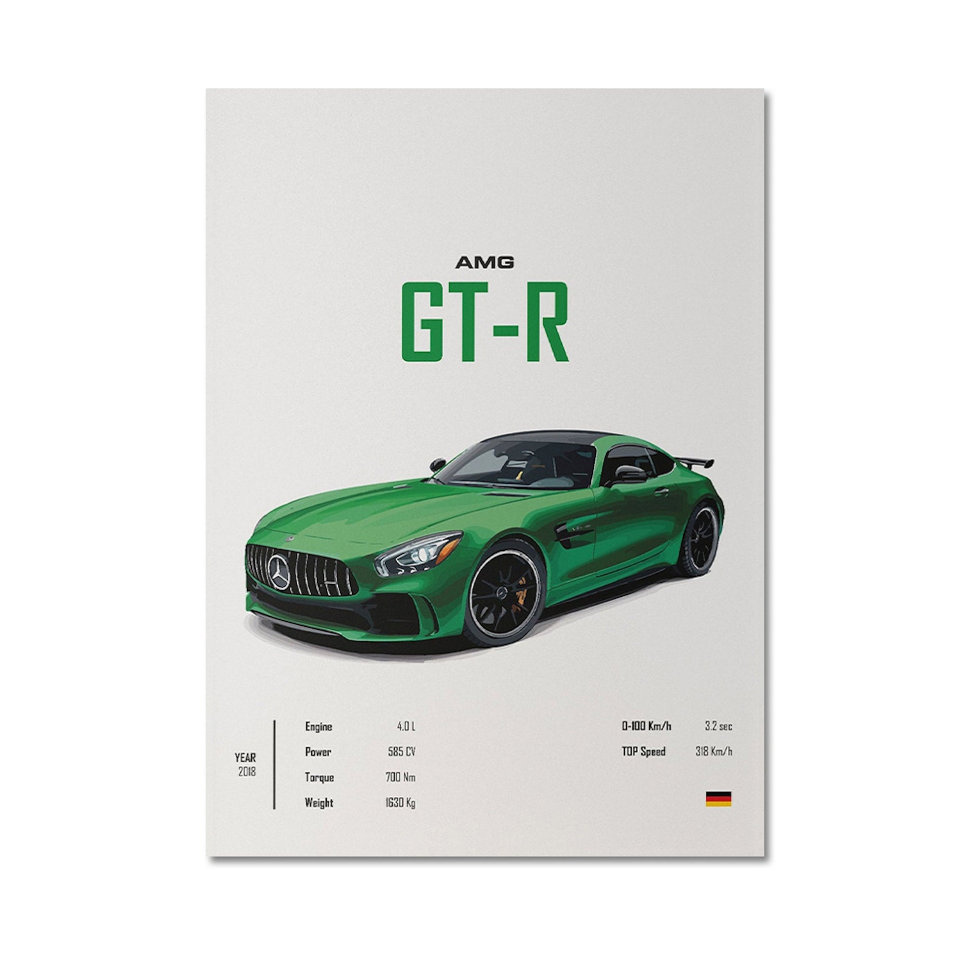 Stilvolles AMG GT-R Poster von justgoodmood, fängt die dynamische Ästhetik und technischen Spezifikationen ein – perfekt für jeden Automobil-Liebhaber als Wanddeko!