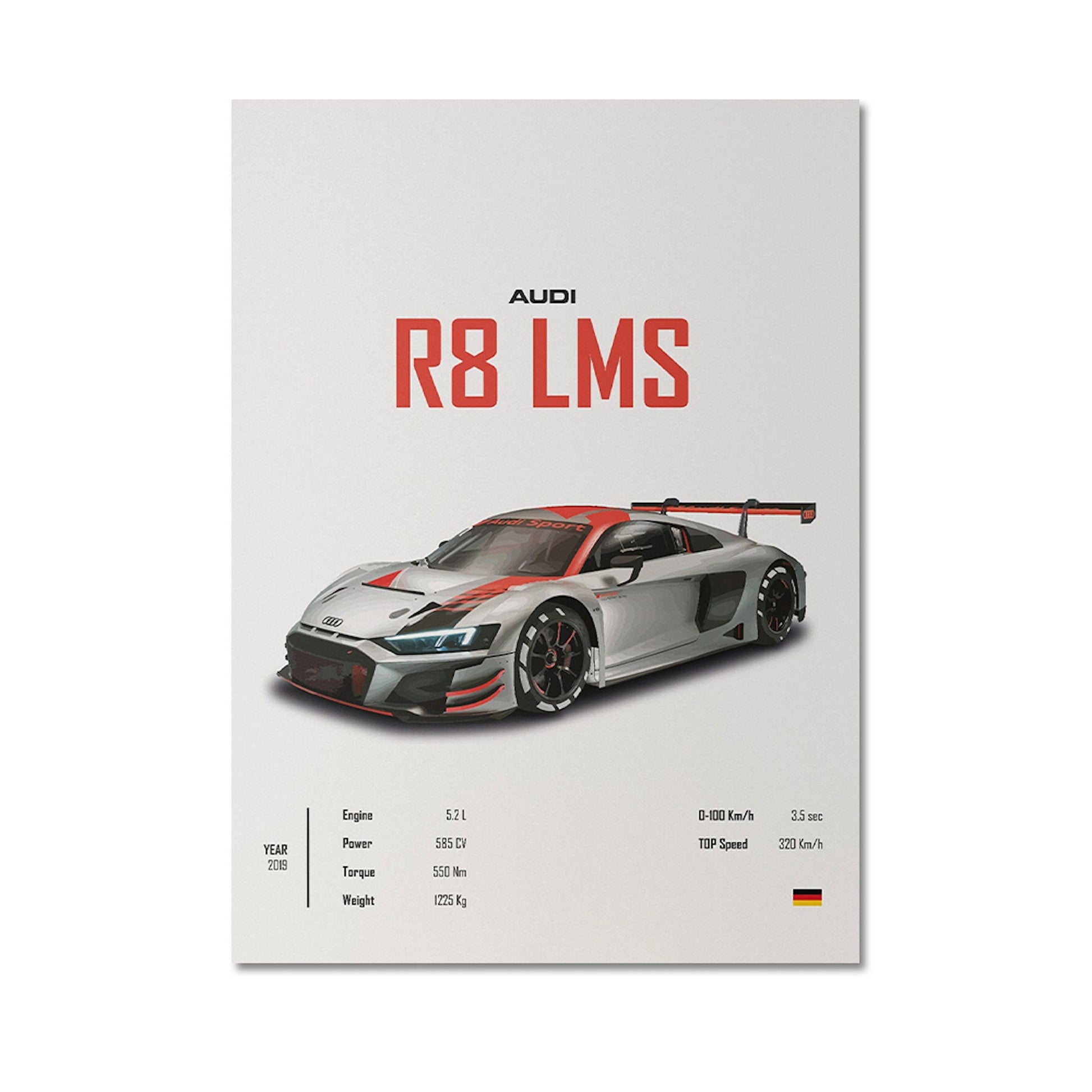 Sportwagen Poster AUDI R8 LMS, Geschenk für Auto-Enthusiasten, von justgoodmood, zeigt Details wie Motor, PS und Geschwindigkeit für eine stilvolle Wanddekoration.