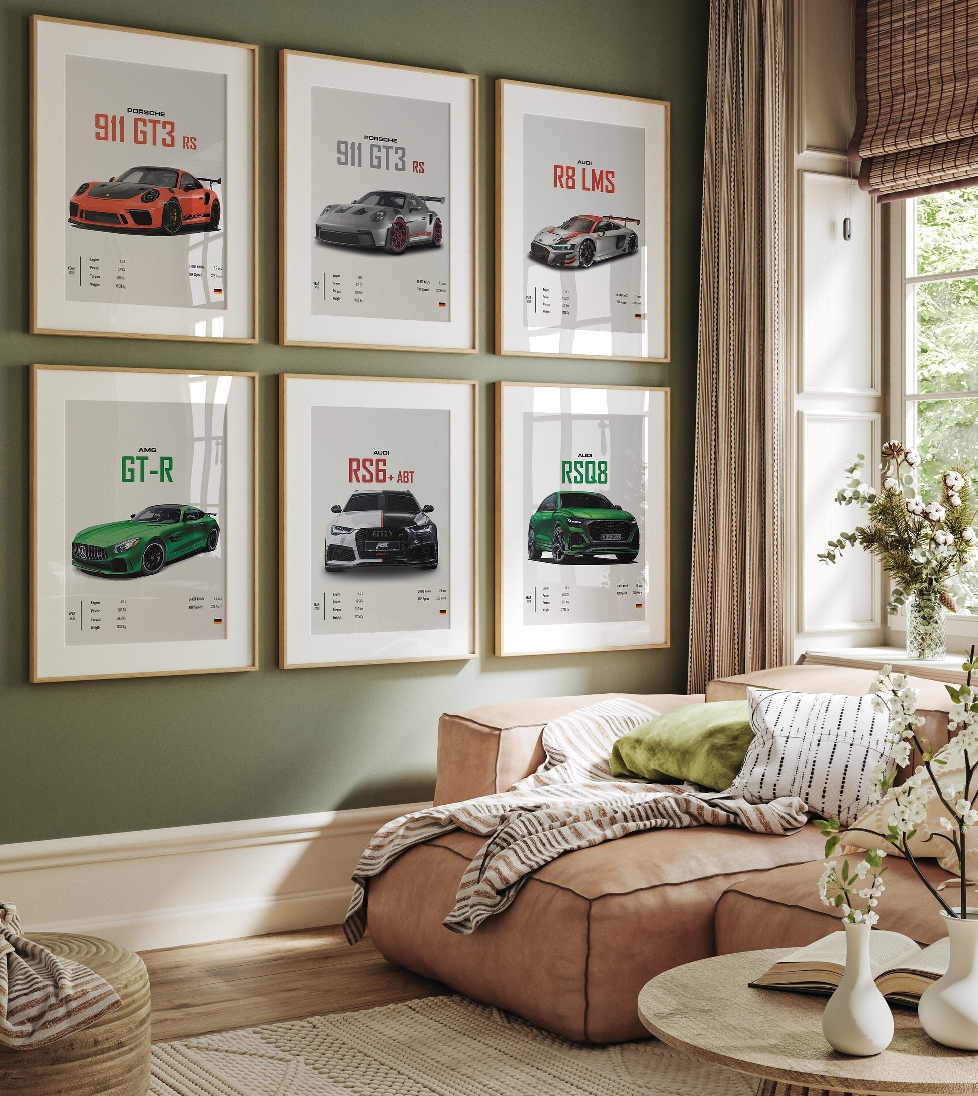 Charmantes Wohnambiente mit Sportwagen-Postern 911 GT3 RS, Audi R8 LMS und Audi RS6 ABT von justgoodmood. Perfekte Wanddekoration für Auto-Enthusiasten.