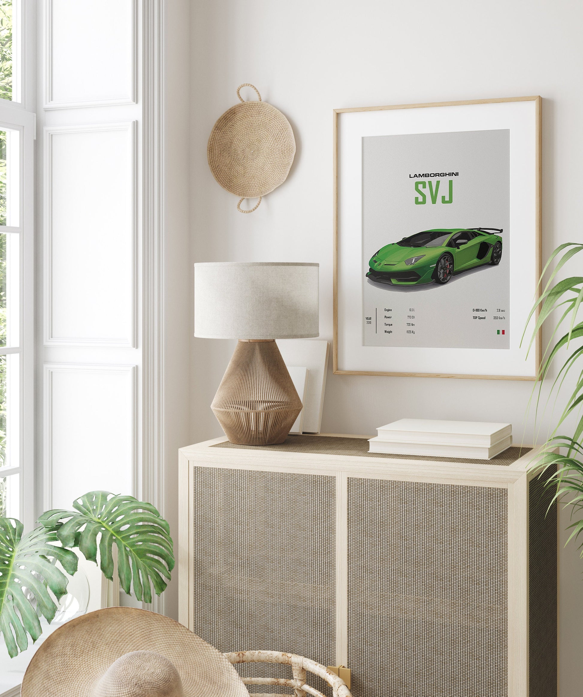 Atemberaubendes Poster des Lamborghini SVJ in stylischem Wohnumfeld; super Geschenkidee von justgoodmood, Poster Sportwagen LAMBORGHINI Murcielago Svj MCLAREN Senna Sportauto I Geschenk für ihn I Wohnzimmmer & Büro I Wand Deko I Print ohne Rahmen.