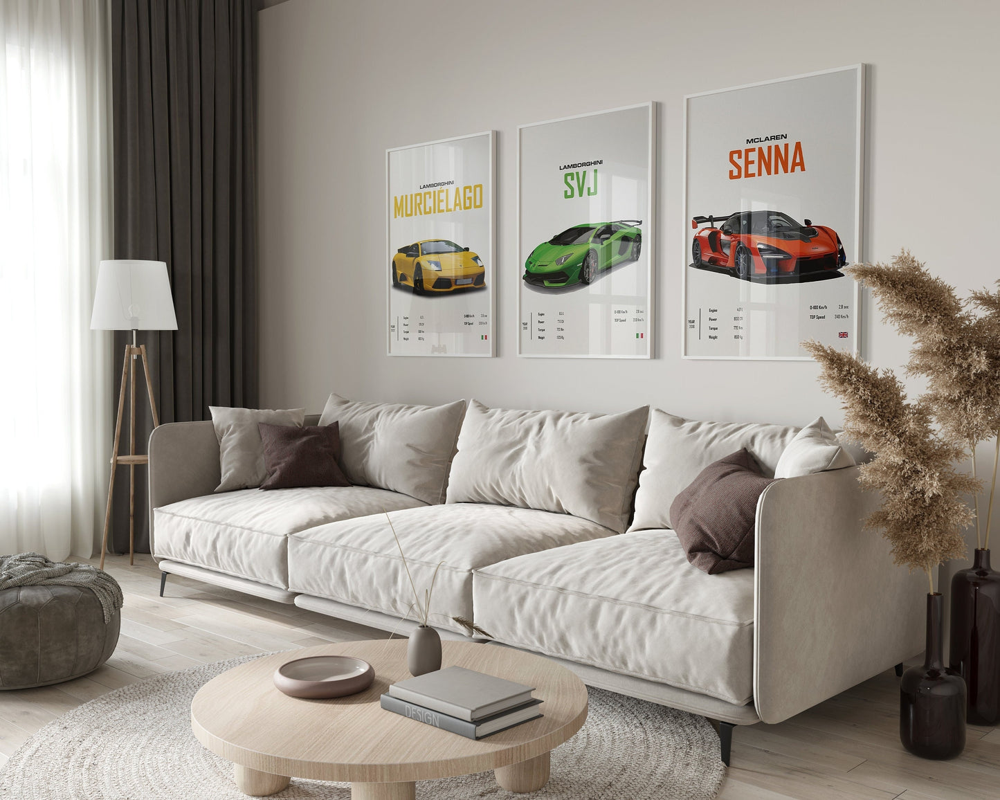 Stilvolle Wanddekoration mit dem Poster von LAMBORGHINI Murcielago, SVJ und MCLAREN Senna in einem modernen Wohnambiente, ideal von justgoodmood.