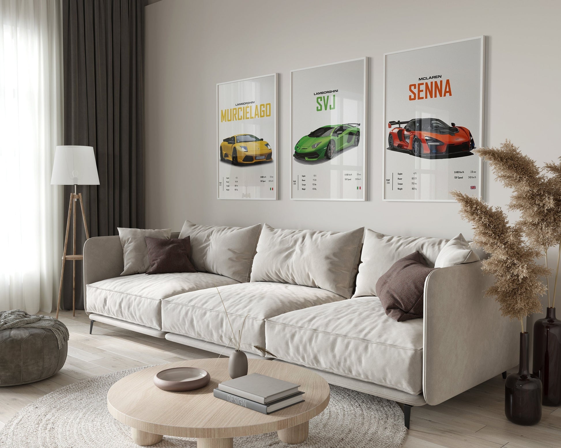 Stilvolle Wanddekoration mit dem Poster von LAMBORGHINI Murcielago, SVJ und MCLAREN Senna in einem modernen Wohnambiente, ideal von justgoodmood.